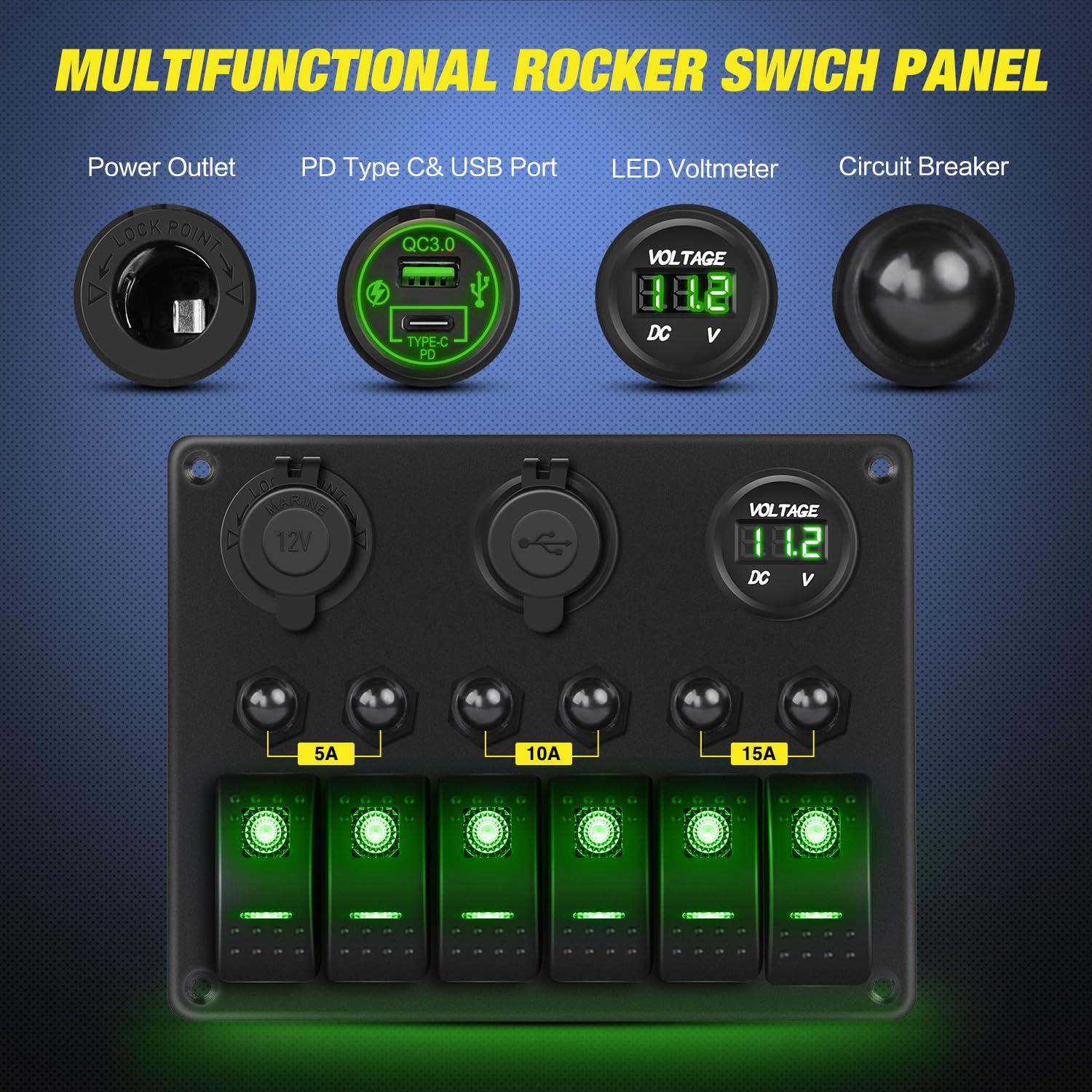 image:imageNilight 8 Gang Rocker Switch Panel Waterproof Aluminum Marine with PD Type C amp USB Charger Cigarette Lighter Socket Voltmeter Inline Fuse 12V 24V ON Off PreWired Switches for Car Truck BoatGreen