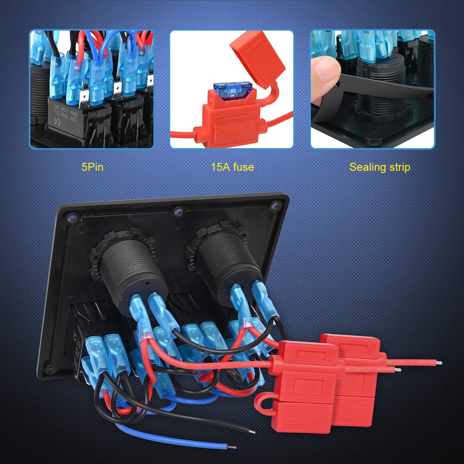 image:imageNilight 8 Gang Rocker Switch Panel Waterproof Aluminum Marine with PD Type C amp USB Charger Cigarette Lighter Socket Voltmeter Inline Fuse 12V 24V ON Off PreWired Switches for Car Truck BoatBlue