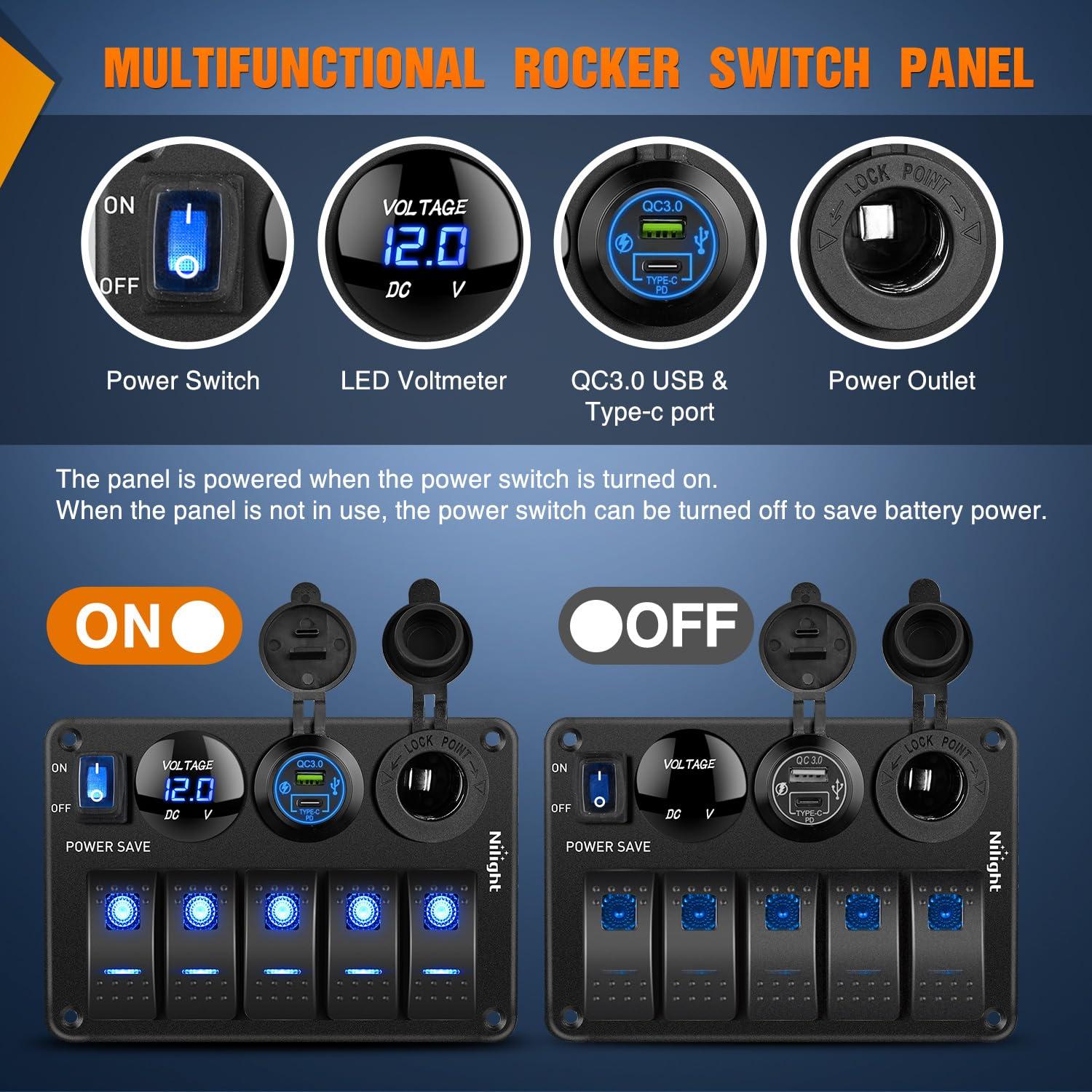 image:imageNilight 8 Gang Rocker Switch Panel Waterproof Aluminum Marine with PD Type C amp USB Charger Cigarette Lighter Socket Voltmeter Inline Fuse 12V 24V ON Off PreWired Switches for Car Truck BoatPower Control Blue