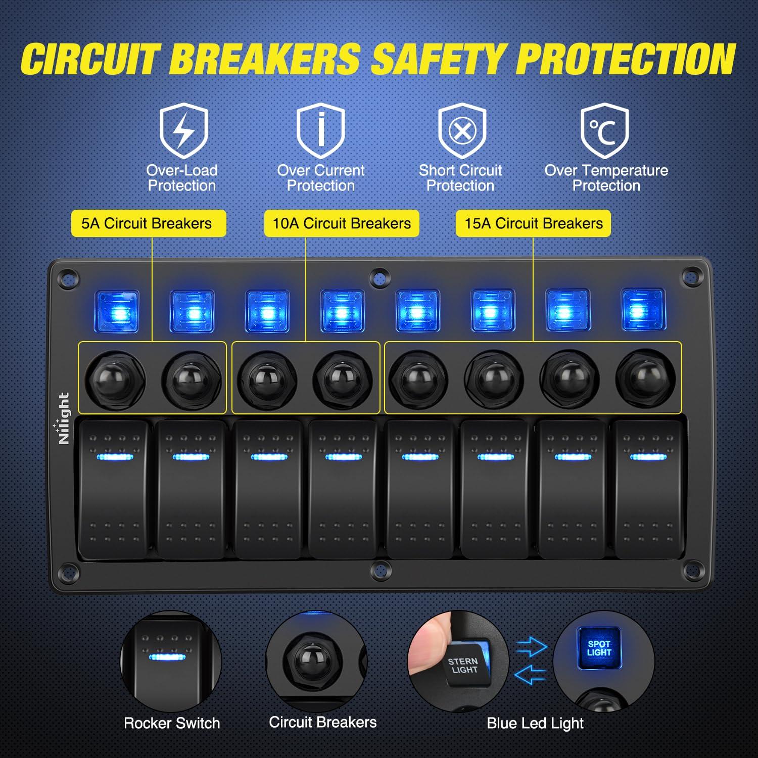 image:imageNilight 8 Gang Rocker Switch Panel Waterproof Aluminum Marine with PD Type C amp USB Charger Cigarette Lighter Socket Voltmeter Inline Fuse 12V 24V ON Off PreWired Switches for Car Truck BoatBlue