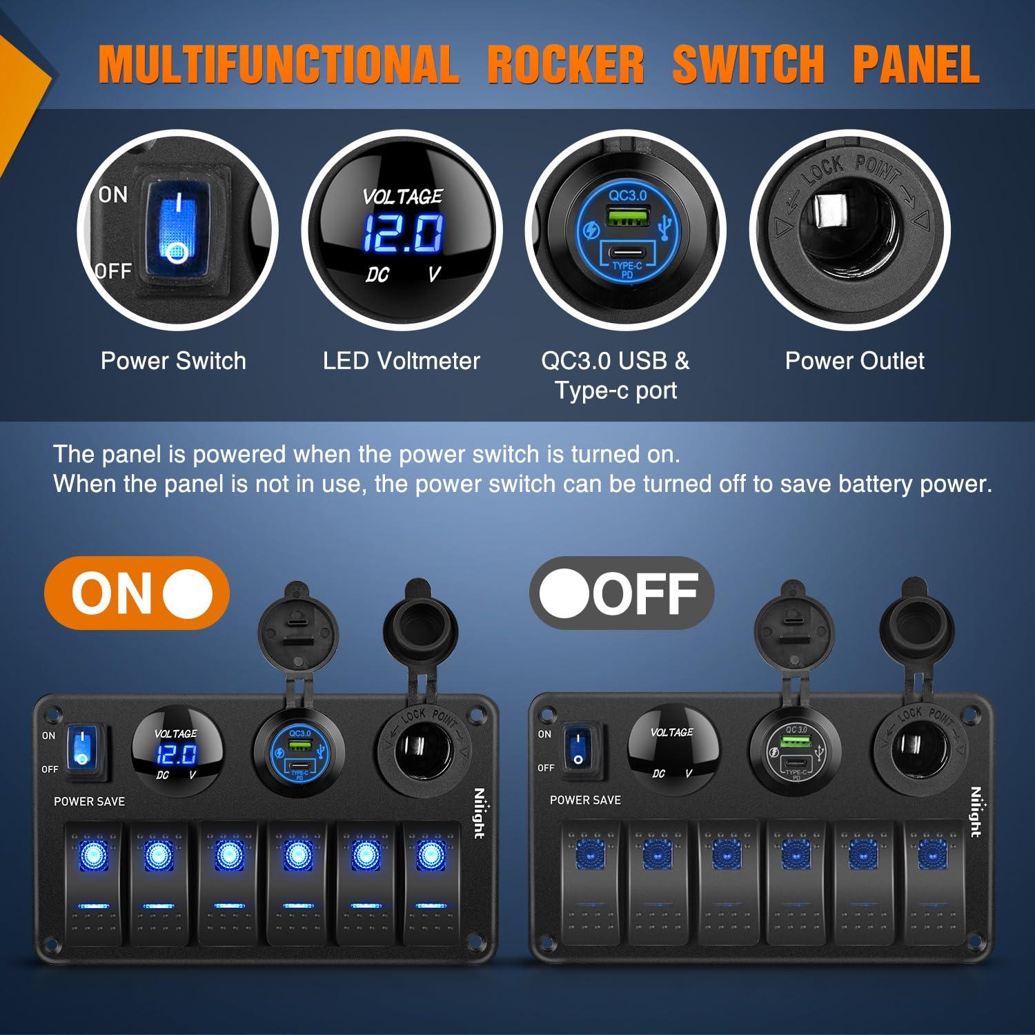 image:imageNilight 8 Gang Rocker Switch Panel Waterproof Aluminum Marine with PD Type C amp USB Charger Cigarette Lighter Socket Voltmeter Inline Fuse 12V 24V ON Off PreWired Switches for Car Truck BoatPower Control Blue