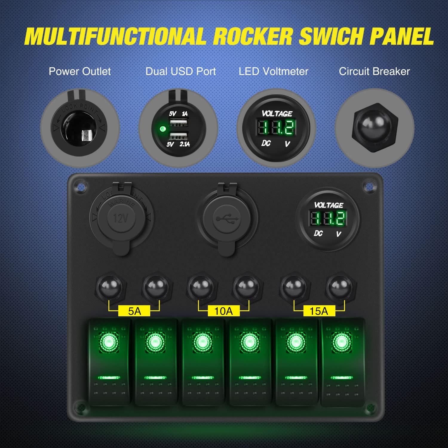 image:imageNilight 8 Gang Rocker Switch Panel Waterproof Aluminum Marine with PD Type C amp USB Charger Cigarette Lighter Socket Voltmeter Inline Fuse 12V 24V ON Off PreWired Switches for Car Truck BoatGreen