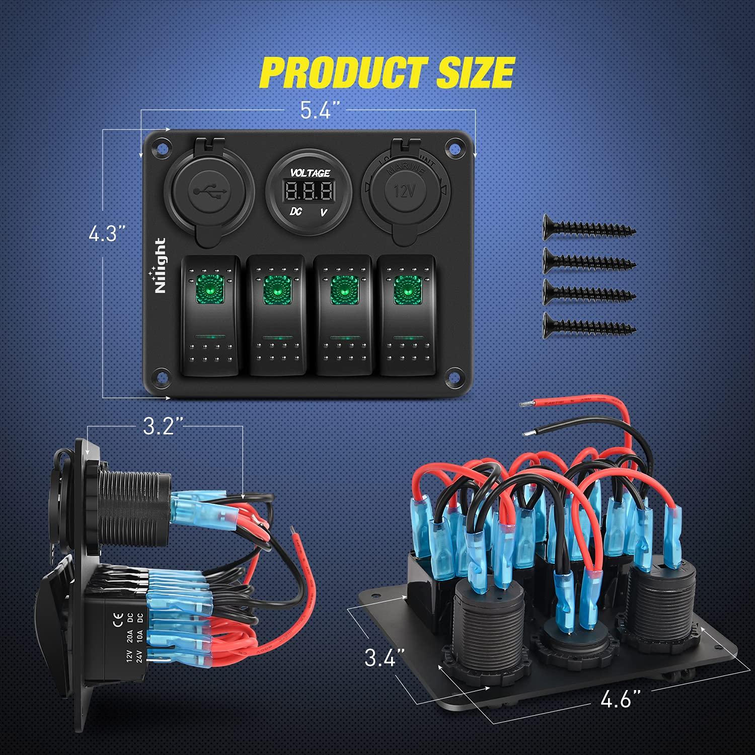 image:imageNilight 8 Gang Rocker Switch Panel Waterproof Aluminum Marine with PD Type C amp USB Charger Cigarette Lighter Socket Voltmeter Inline Fuse 12V 24V ON Off PreWired Switches for Car Truck BoatGreen