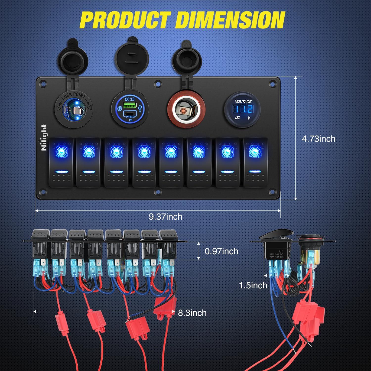 image:imageNilight 8 Gang Rocker Switch Panel Waterproof Aluminum Marine with PD Type C amp USB Charger Cigarette Lighter Socket Voltmeter Inline Fuse 12V 24V ON Off PreWired Switches for Car Truck BoatBlue