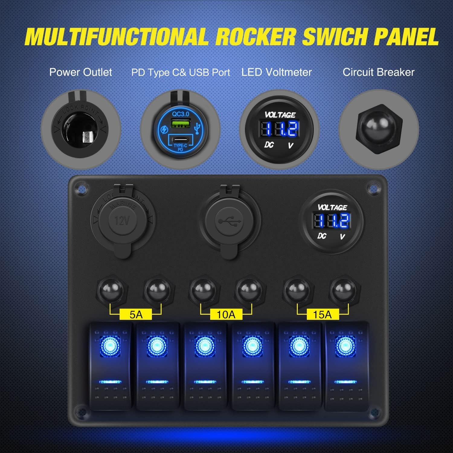 image:imageNilight 8 Gang Rocker Switch Panel Waterproof Aluminum Marine with PD Type C amp USB Charger Cigarette Lighter Socket Voltmeter Inline Fuse 12V 24V ON Off PreWired Switches for Car Truck BoatBlue