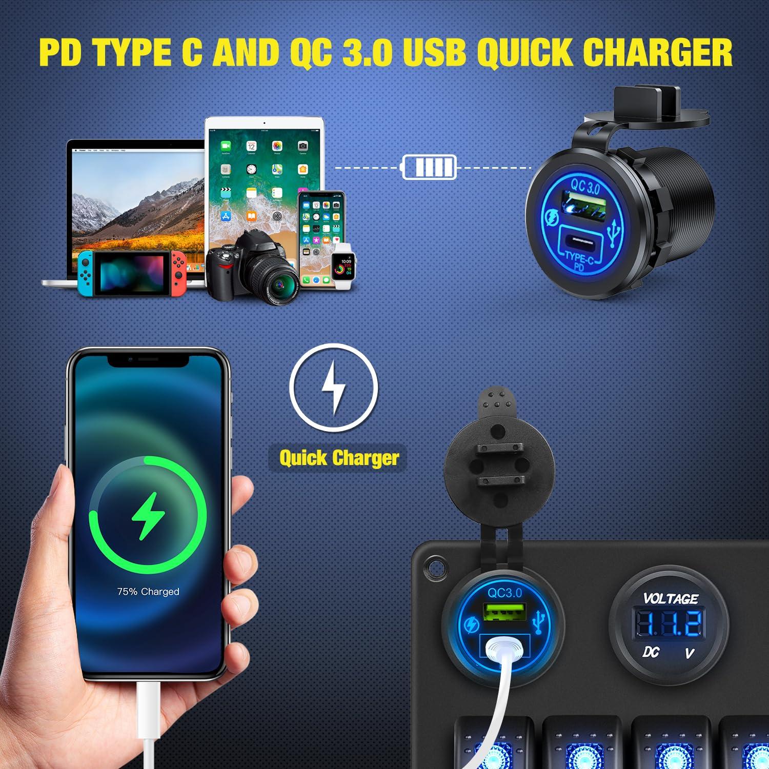 image:imageNilight 8 Gang Rocker Switch Panel Waterproof Aluminum Marine with PD Type C amp USB Charger Cigarette Lighter Socket Voltmeter Inline Fuse 12V 24V ON Off PreWired Switches for Car Truck BoatBlue