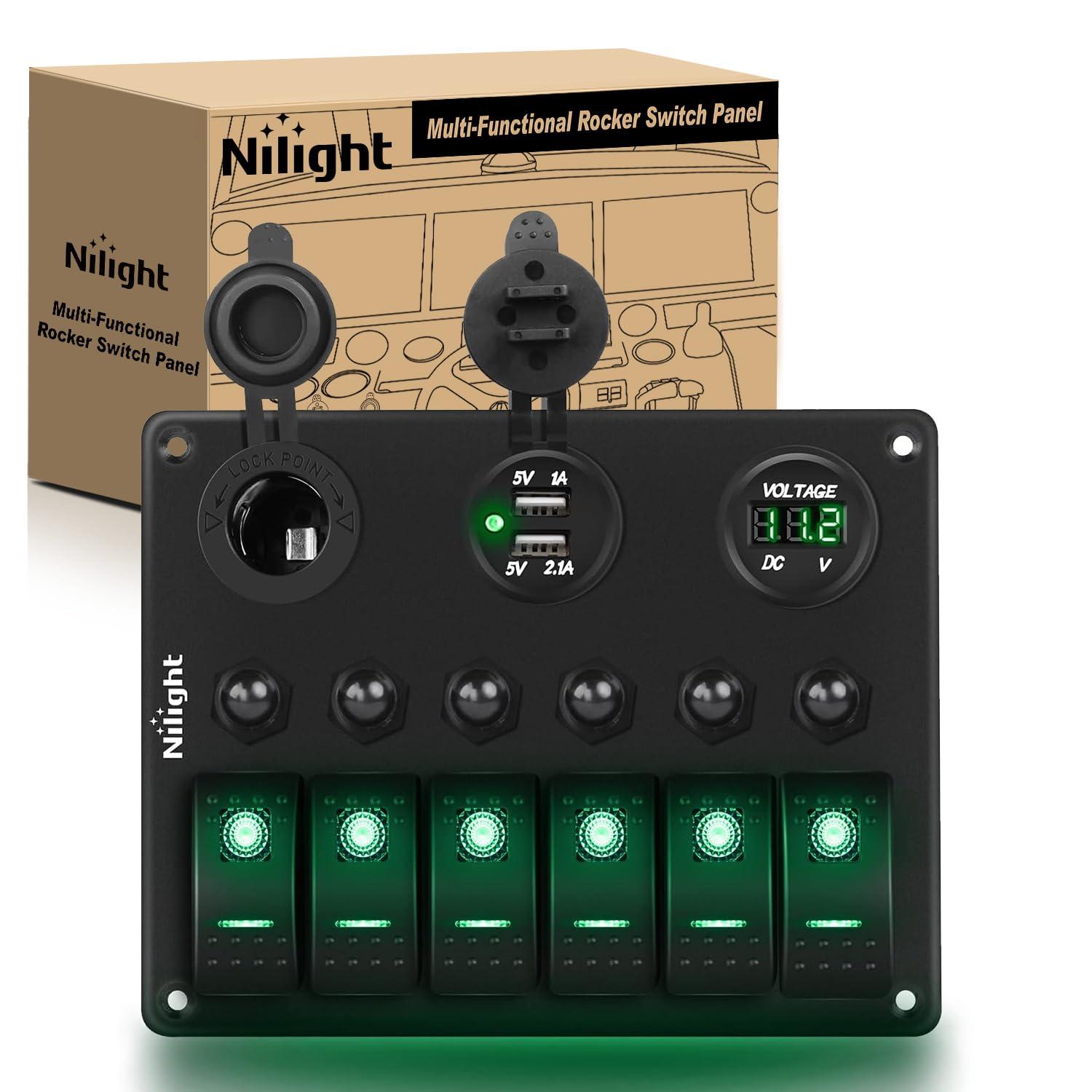 image:imageNilight 8 Gang Rocker Switch Panel Waterproof Aluminum Marine with PD Type C amp USB Charger Cigarette Lighter Socket Voltmeter Inline Fuse 12V 24V ON Off PreWired Switches for Car Truck BoatGreen