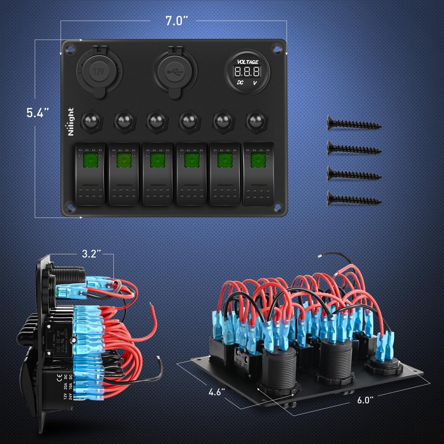 image:imageNilight 8 Gang Rocker Switch Panel Waterproof Aluminum Marine with PD Type C amp USB Charger Cigarette Lighter Socket Voltmeter Inline Fuse 12V 24V ON Off PreWired Switches for Car Truck BoatGreen