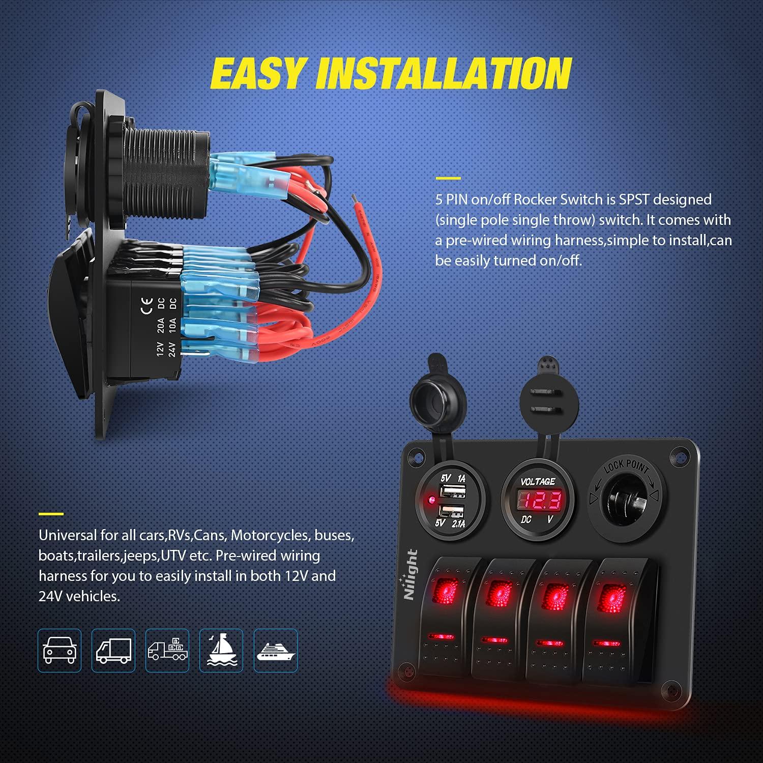image:imageNilight 8 Gang Rocker Switch Panel Waterproof Aluminum Marine with PD Type C amp USB Charger Cigarette Lighter Socket Voltmeter Inline Fuse 12V 24V ON Off PreWired Switches for Car Truck BoatRed