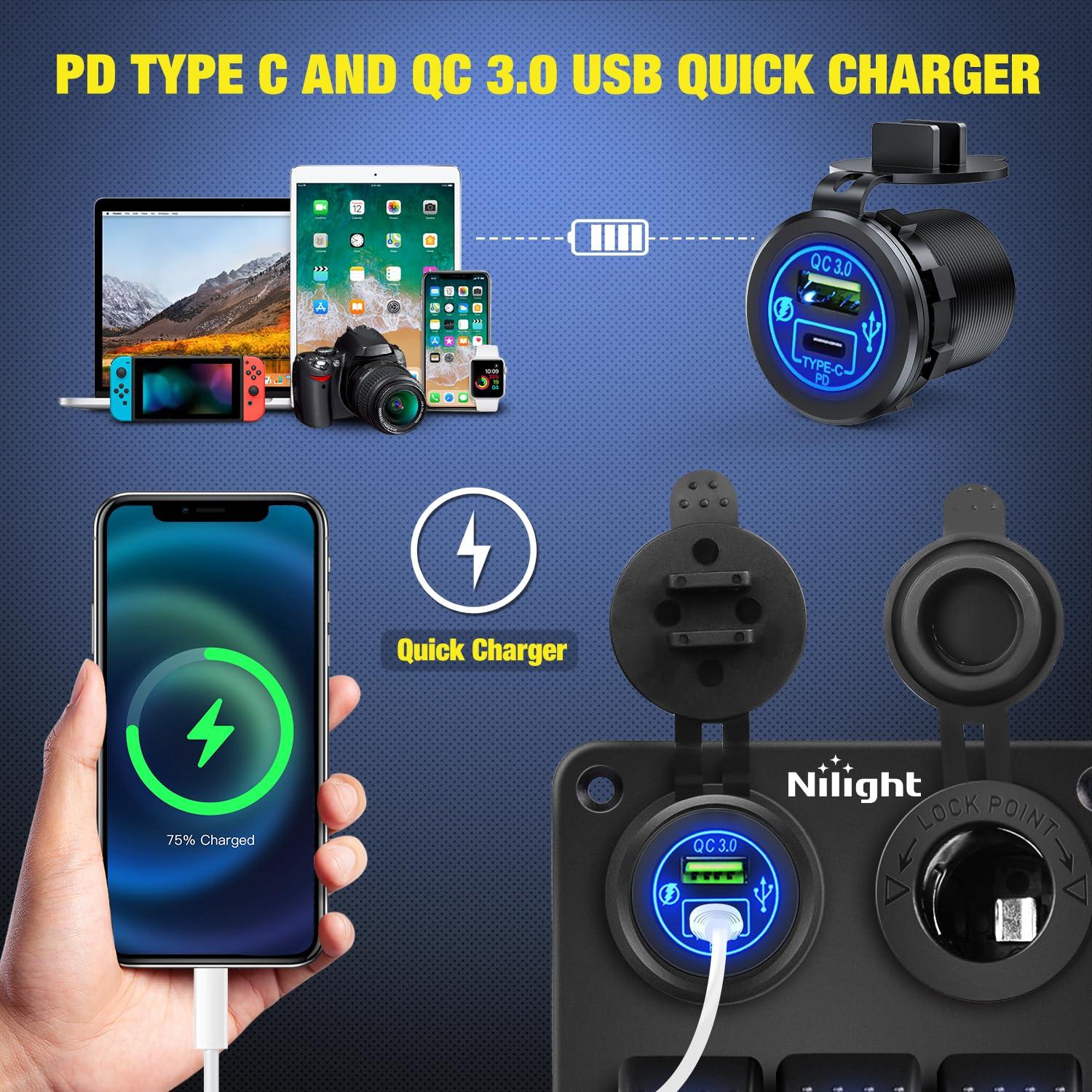 image:imageNilight 8 Gang Rocker Switch Panel Waterproof Aluminum Marine with PD Type C amp USB Charger Cigarette Lighter Socket Voltmeter Inline Fuse 12V 24V ON Off PreWired Switches for Car Truck BoatBlue