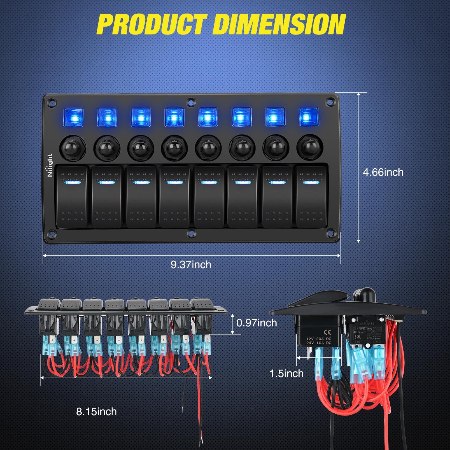 image:imageNilight 8 Gang Rocker Switch Panel Waterproof Aluminum Marine with PD Type C amp USB Charger Cigarette Lighter Socket Voltmeter Inline Fuse 12V 24V ON Off PreWired Switches for Car Truck BoatBlue