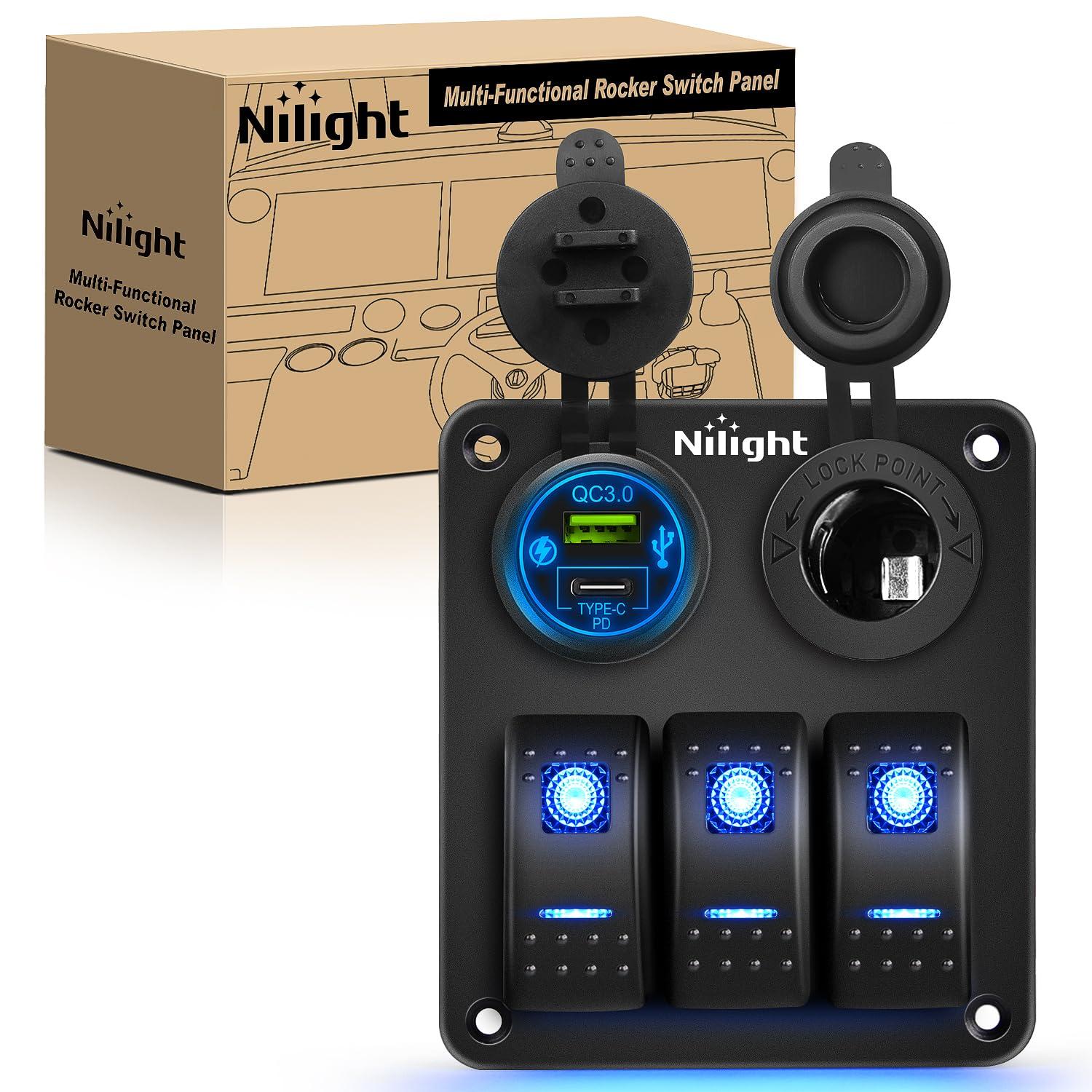 image:imageNilight 8 Gang Rocker Switch Panel Waterproof Aluminum Marine with PD Type C amp USB Charger Cigarette Lighter Socket Voltmeter Inline Fuse 12V 24V ON Off PreWired Switches for Car Truck BoatBlue
