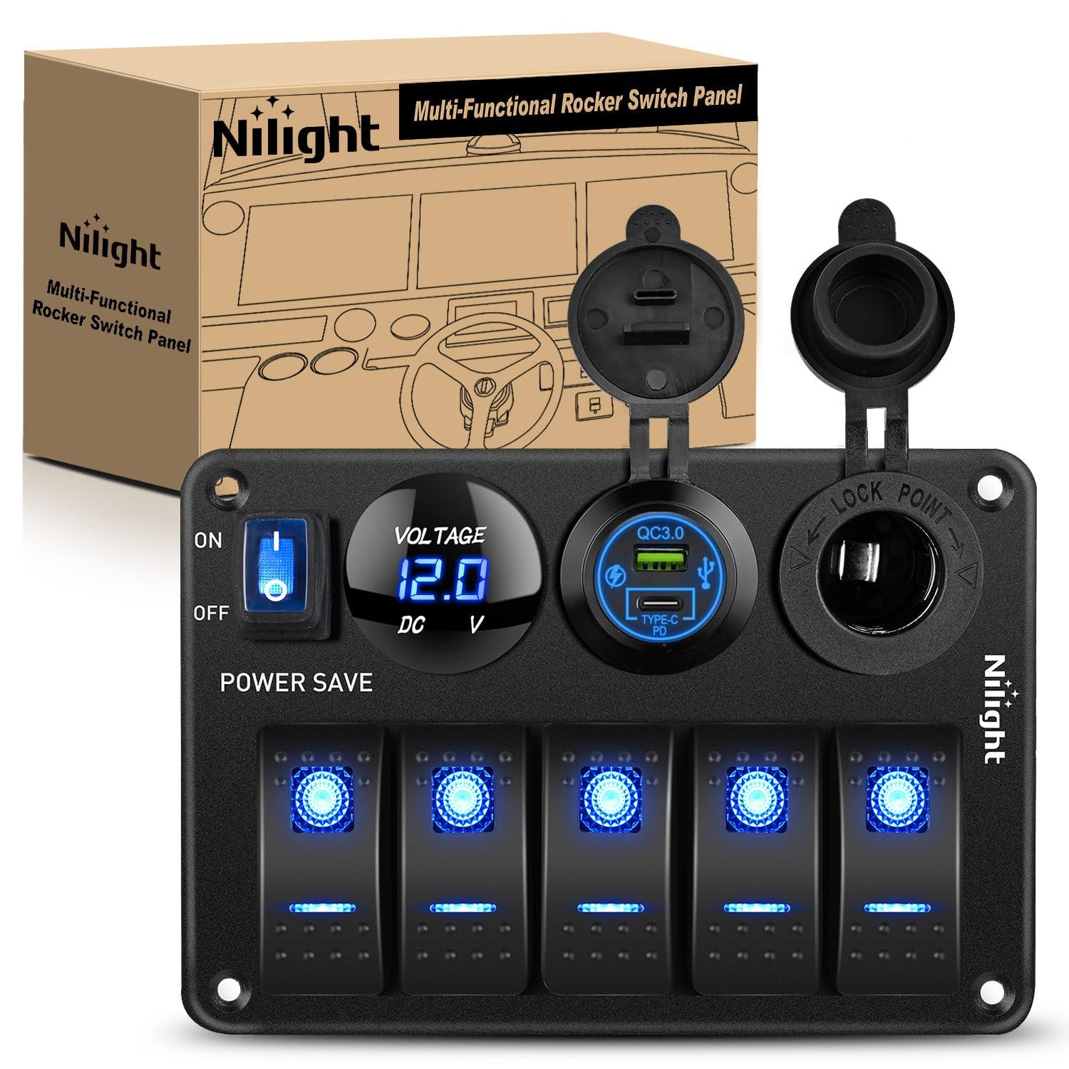image:imageNilight 8 Gang Rocker Switch Panel Waterproof Aluminum Marine with PD Type C amp USB Charger Cigarette Lighter Socket Voltmeter Inline Fuse 12V 24V ON Off PreWired Switches for Car Truck BoatPower Control Blue