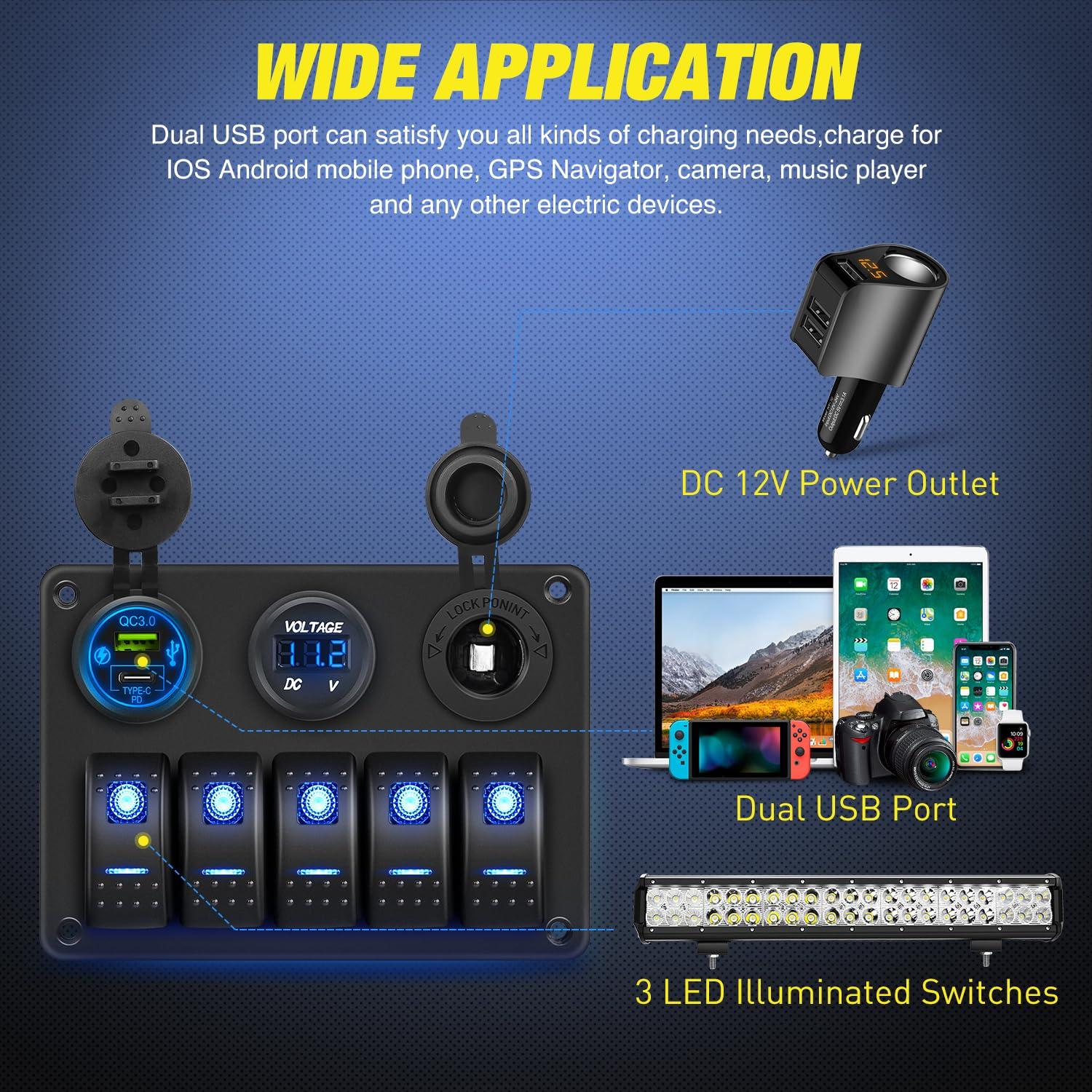image:imageNilight 8 Gang Rocker Switch Panel Waterproof Aluminum Marine with PD Type C amp USB Charger Cigarette Lighter Socket Voltmeter Inline Fuse 12V 24V ON Off PreWired Switches for Car Truck BoatBlue