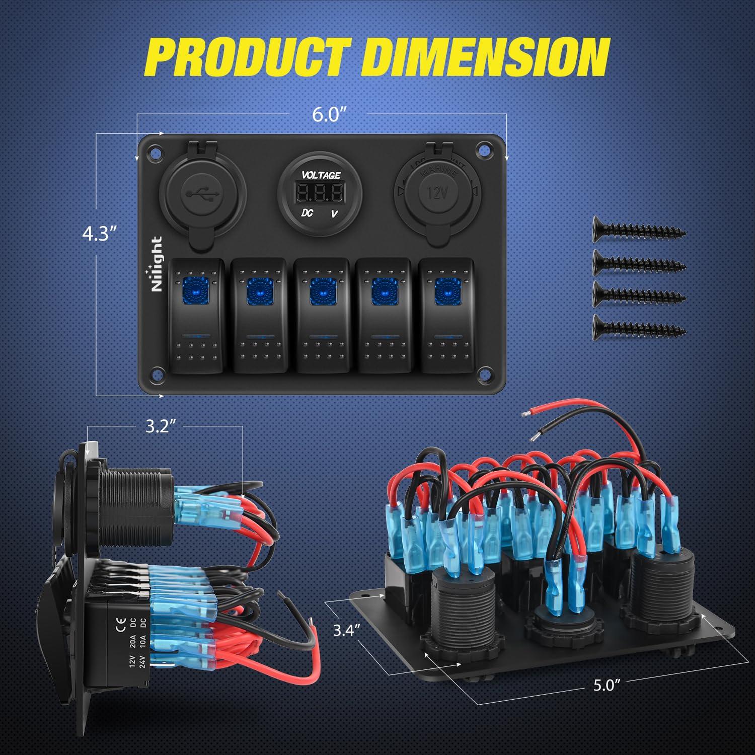 image:imageNilight 8 Gang Rocker Switch Panel Waterproof Aluminum Marine with PD Type C amp USB Charger Cigarette Lighter Socket Voltmeter Inline Fuse 12V 24V ON Off PreWired Switches for Car Truck BoatBlue
