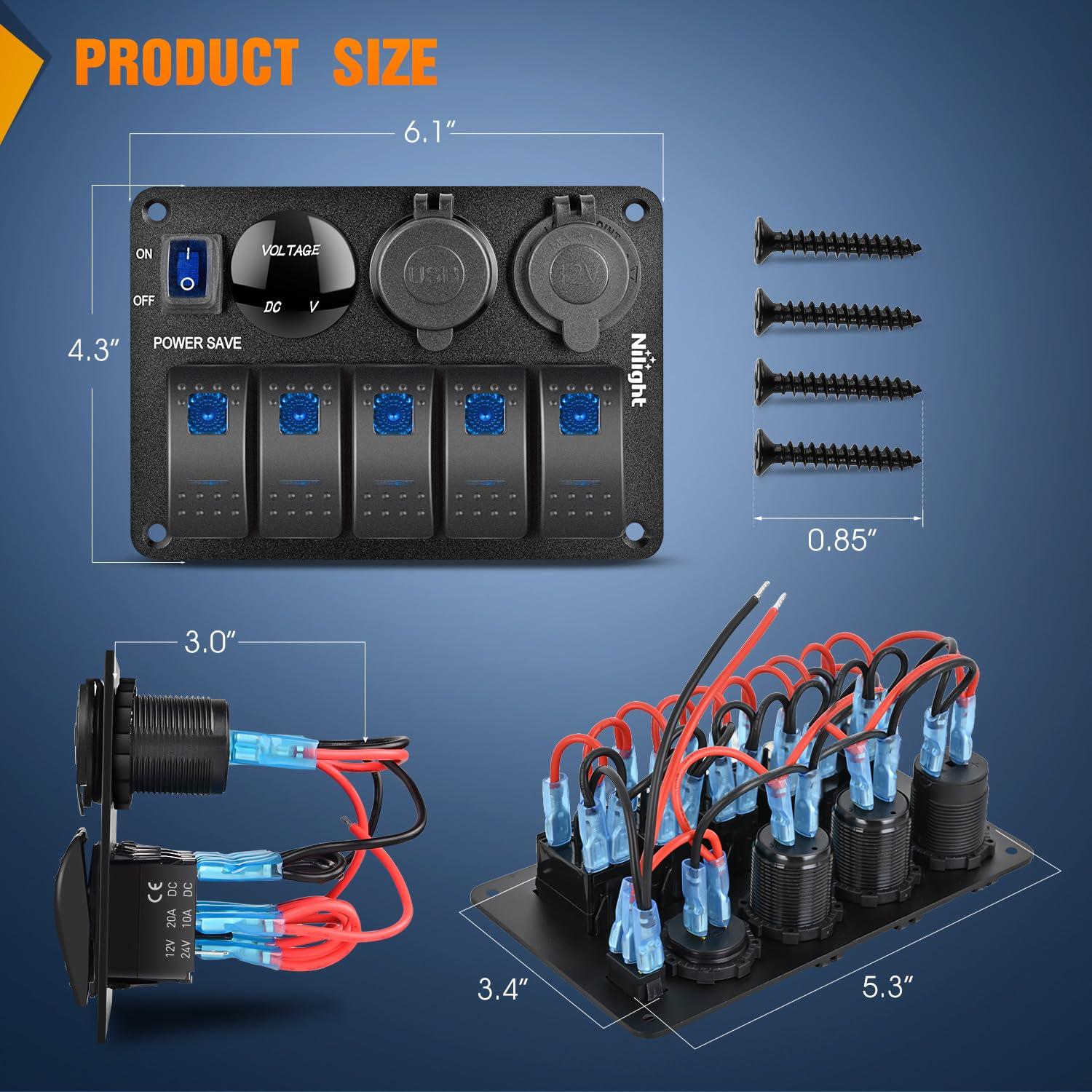 image:imageNilight 8 Gang Rocker Switch Panel Waterproof Aluminum Marine with PD Type C amp USB Charger Cigarette Lighter Socket Voltmeter Inline Fuse 12V 24V ON Off PreWired Switches for Car Truck BoatPower Control Blue