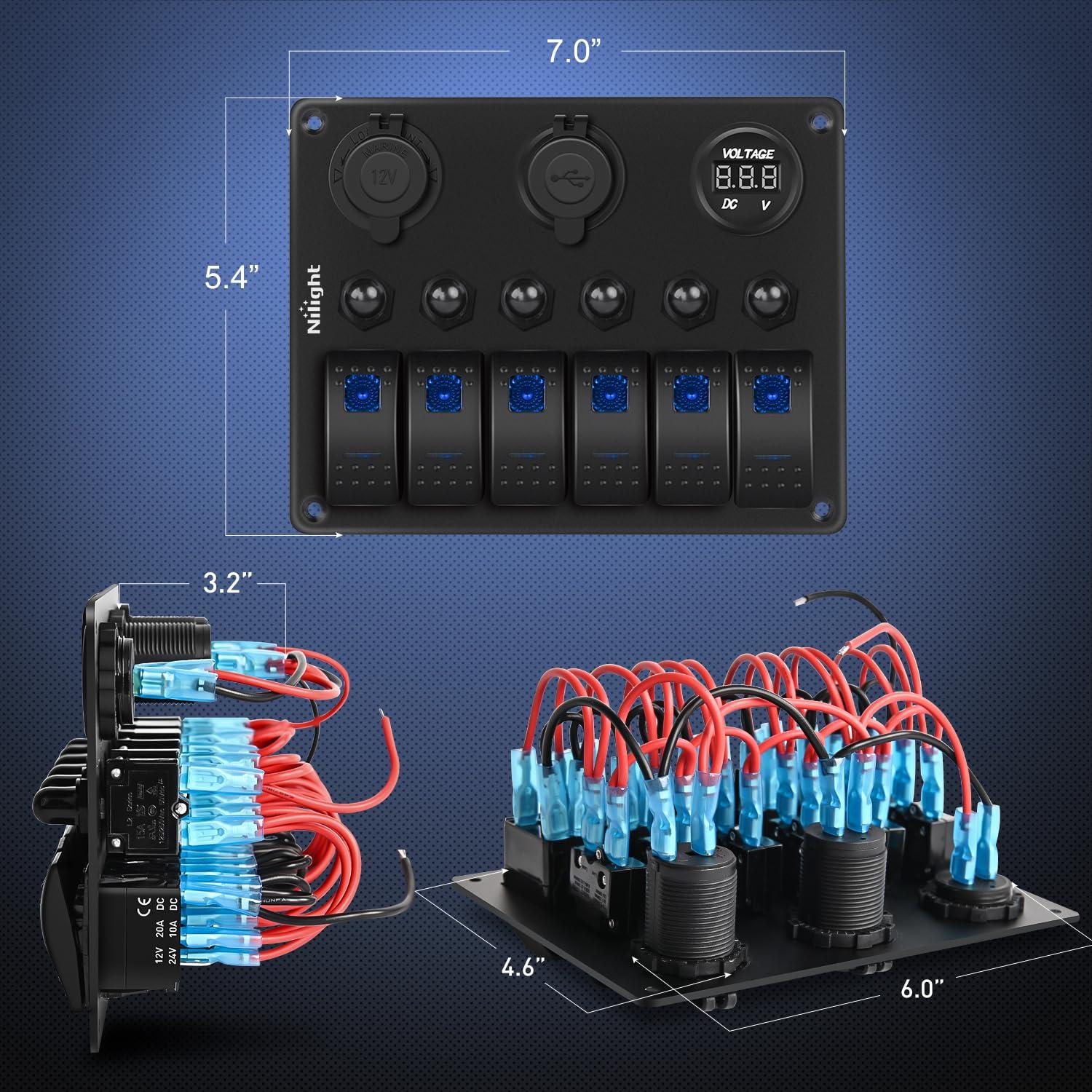 image:imageNilight 8 Gang Rocker Switch Panel Waterproof Aluminum Marine with PD Type C amp USB Charger Cigarette Lighter Socket Voltmeter Inline Fuse 12V 24V ON Off PreWired Switches for Car Truck BoatBlue