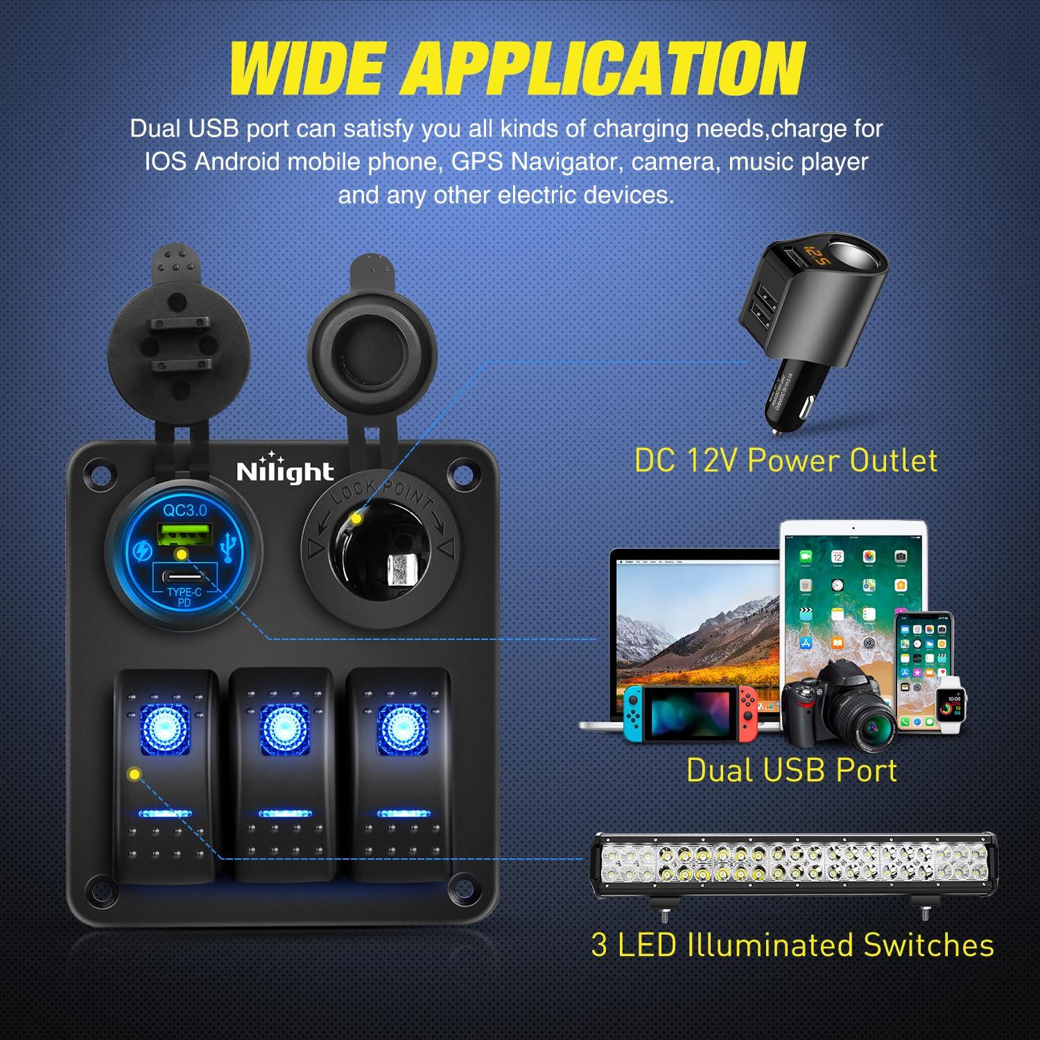 image:imageNilight 8 Gang Rocker Switch Panel Waterproof Aluminum Marine with PD Type C amp USB Charger Cigarette Lighter Socket Voltmeter Inline Fuse 12V 24V ON Off PreWired Switches for Car Truck BoatBlue