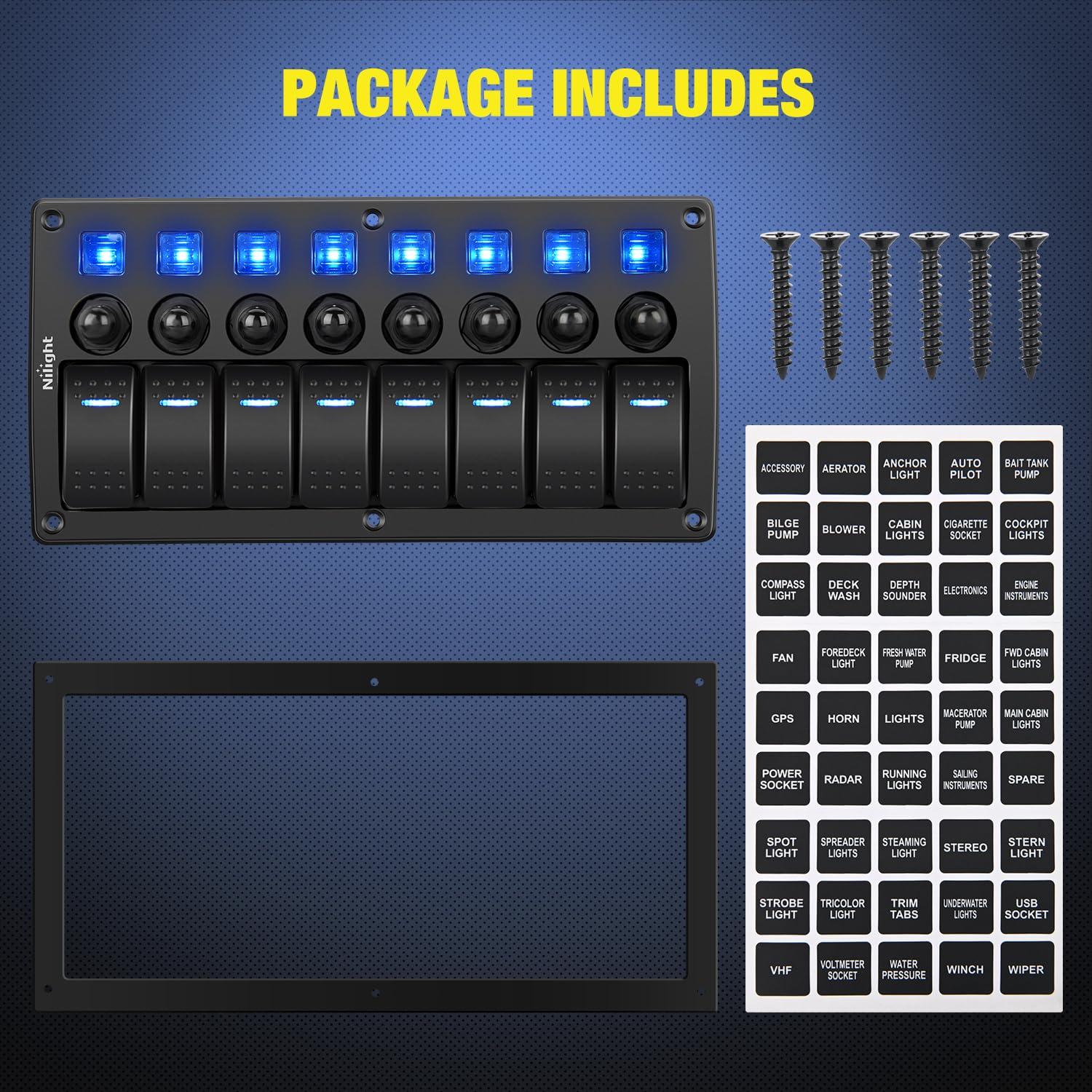 image:imageNilight 8 Gang Rocker Switch Panel Waterproof Aluminum Marine with PD Type C amp USB Charger Cigarette Lighter Socket Voltmeter Inline Fuse 12V 24V ON Off PreWired Switches for Car Truck BoatBlue