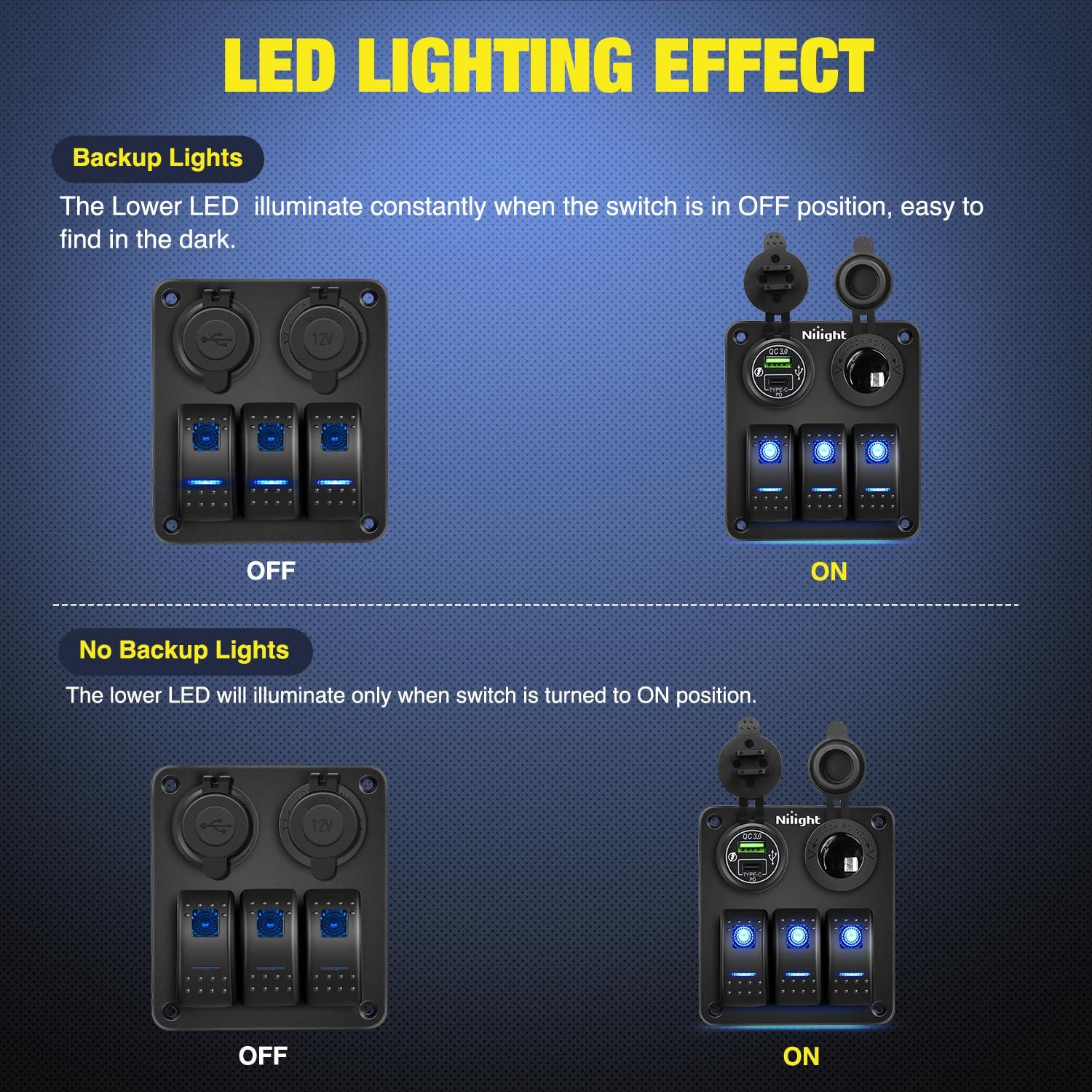 image:imageNilight 8 Gang Rocker Switch Panel Waterproof Aluminum Marine with PD Type C amp USB Charger Cigarette Lighter Socket Voltmeter Inline Fuse 12V 24V ON Off PreWired Switches for Car Truck BoatBlue