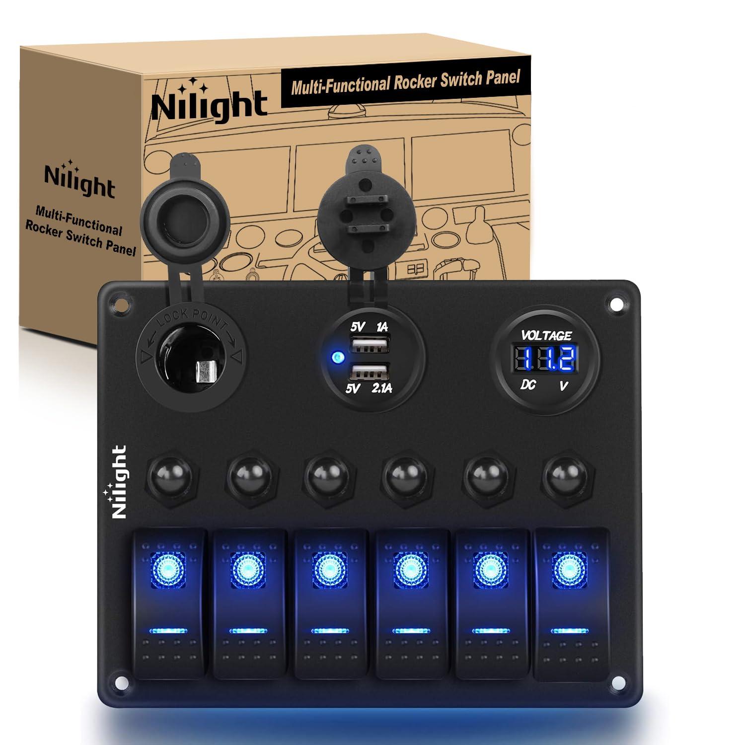 image:imageNilight 8 Gang Rocker Switch Panel Waterproof Aluminum Marine with PD Type C amp USB Charger Cigarette Lighter Socket Voltmeter Inline Fuse 12V 24V ON Off PreWired Switches for Car Truck BoatBlue