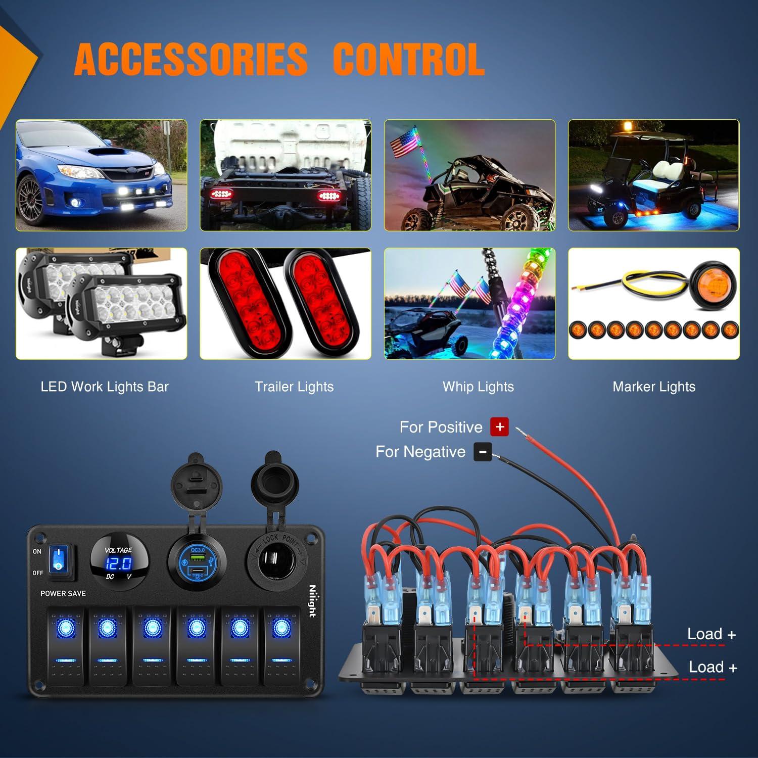 image:imageNilight 8 Gang Rocker Switch Panel Waterproof Aluminum Marine with PD Type C amp USB Charger Cigarette Lighter Socket Voltmeter Inline Fuse 12V 24V ON Off PreWired Switches for Car Truck BoatPower Control Blue