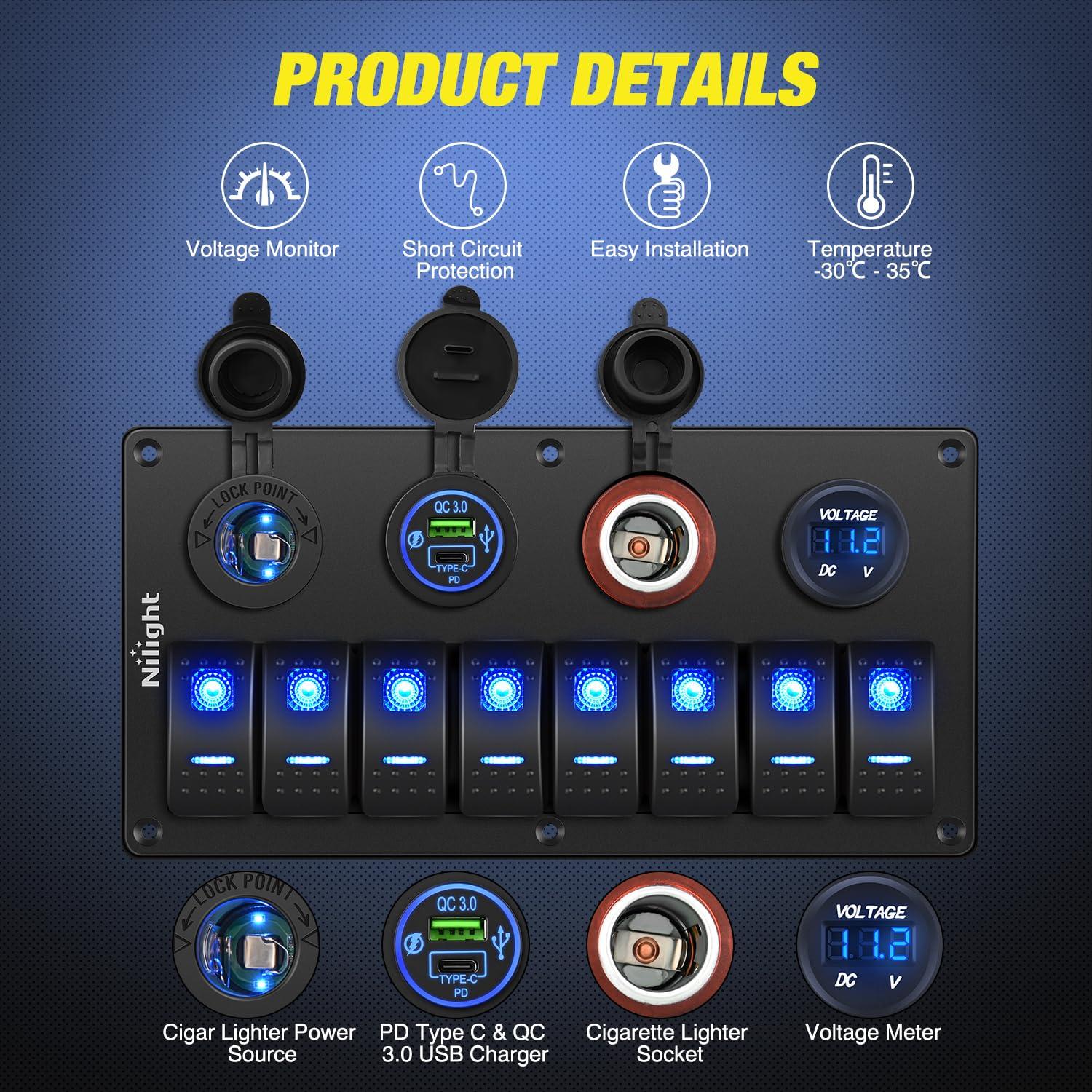 image:imageNilight 8 Gang Rocker Switch Panel Waterproof Aluminum Marine with PD Type C amp USB Charger Cigarette Lighter Socket Voltmeter Inline Fuse 12V 24V ON Off PreWired Switches for Car Truck BoatBlue