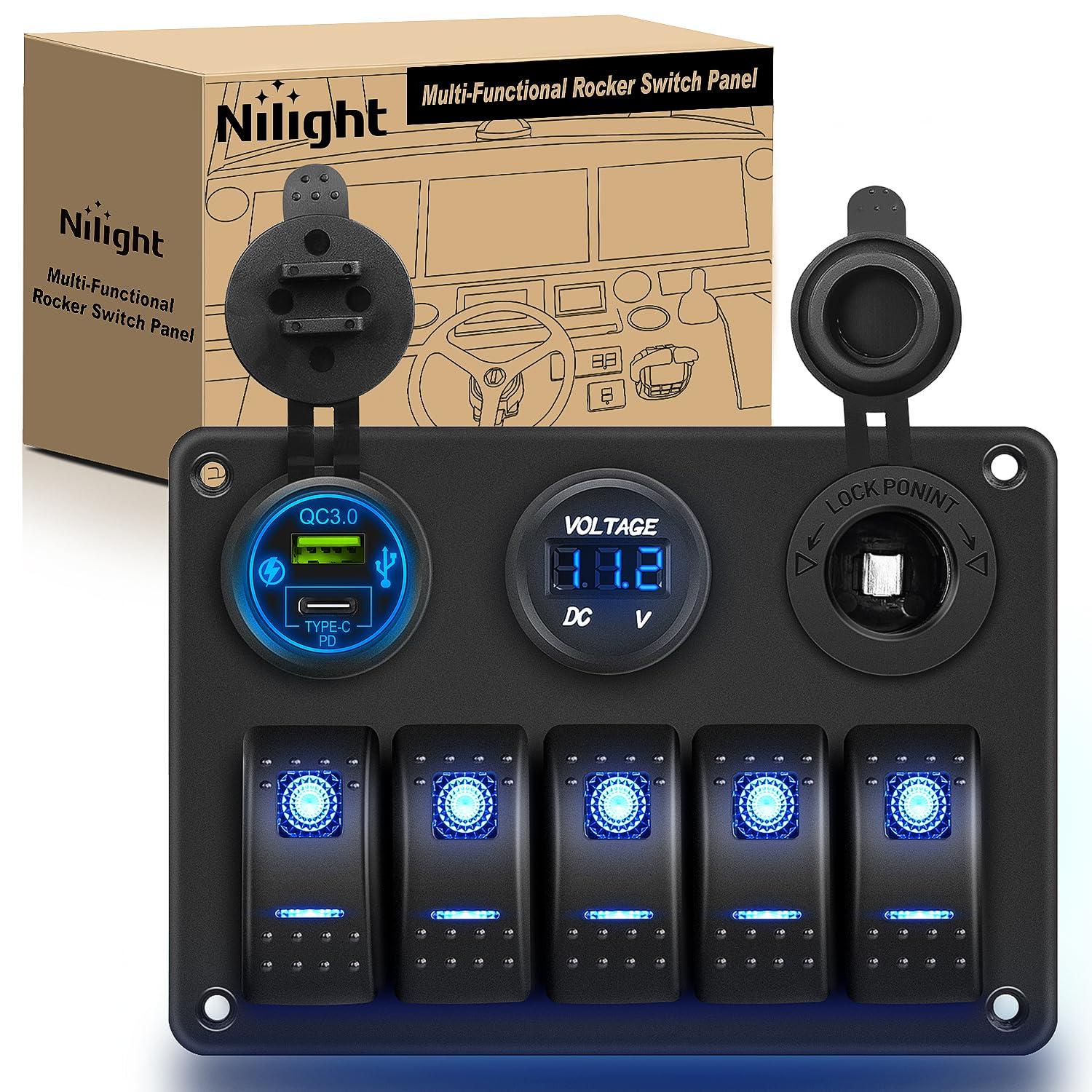 image:imageNilight 8 Gang Rocker Switch Panel Waterproof Aluminum Marine with PD Type C amp USB Charger Cigarette Lighter Socket Voltmeter Inline Fuse 12V 24V ON Off PreWired Switches for Car Truck BoatBlue