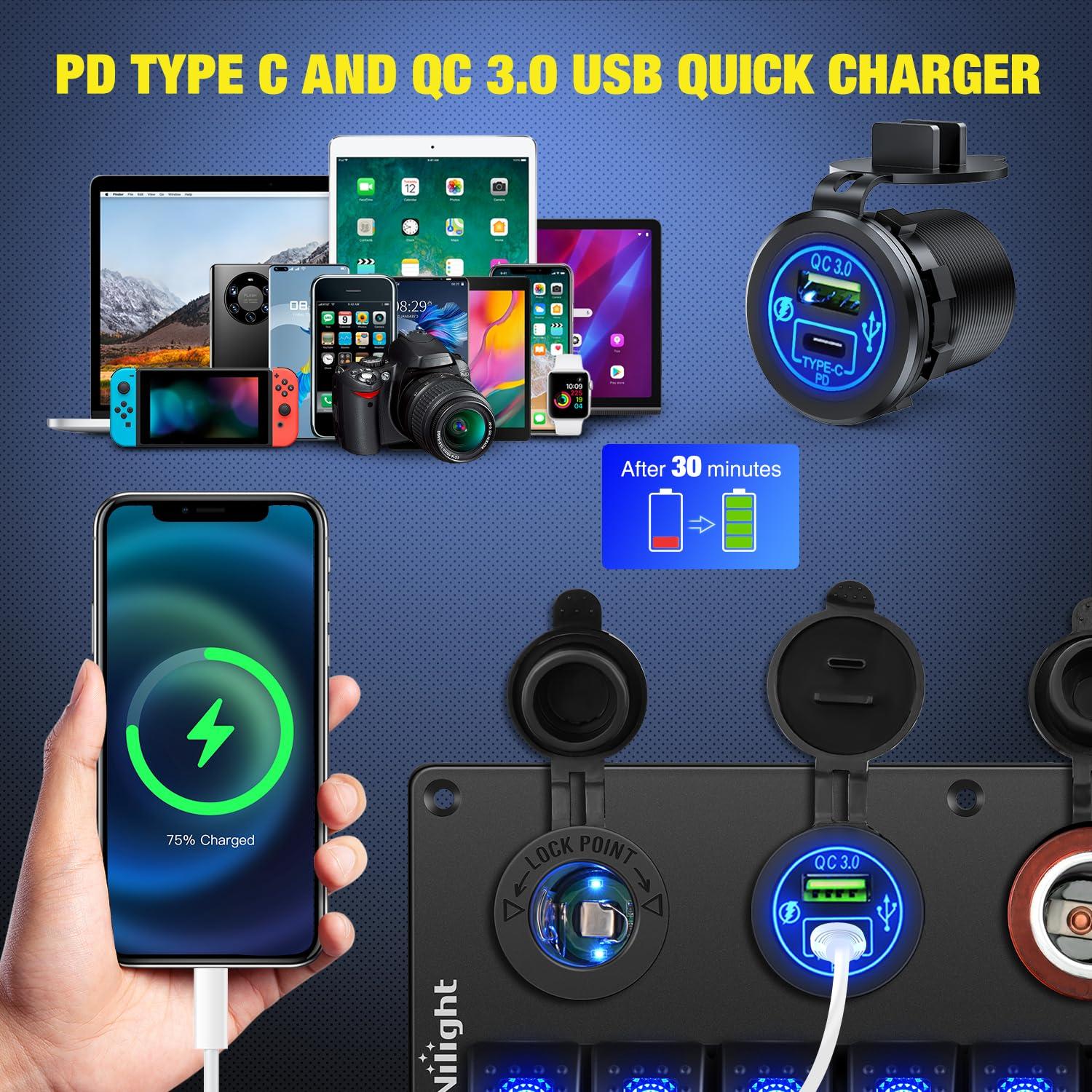 image:imageNilight 8 Gang Rocker Switch Panel Waterproof Aluminum Marine with PD Type C amp USB Charger Cigarette Lighter Socket Voltmeter Inline Fuse 12V 24V ON Off PreWired Switches for Car Truck BoatBlue