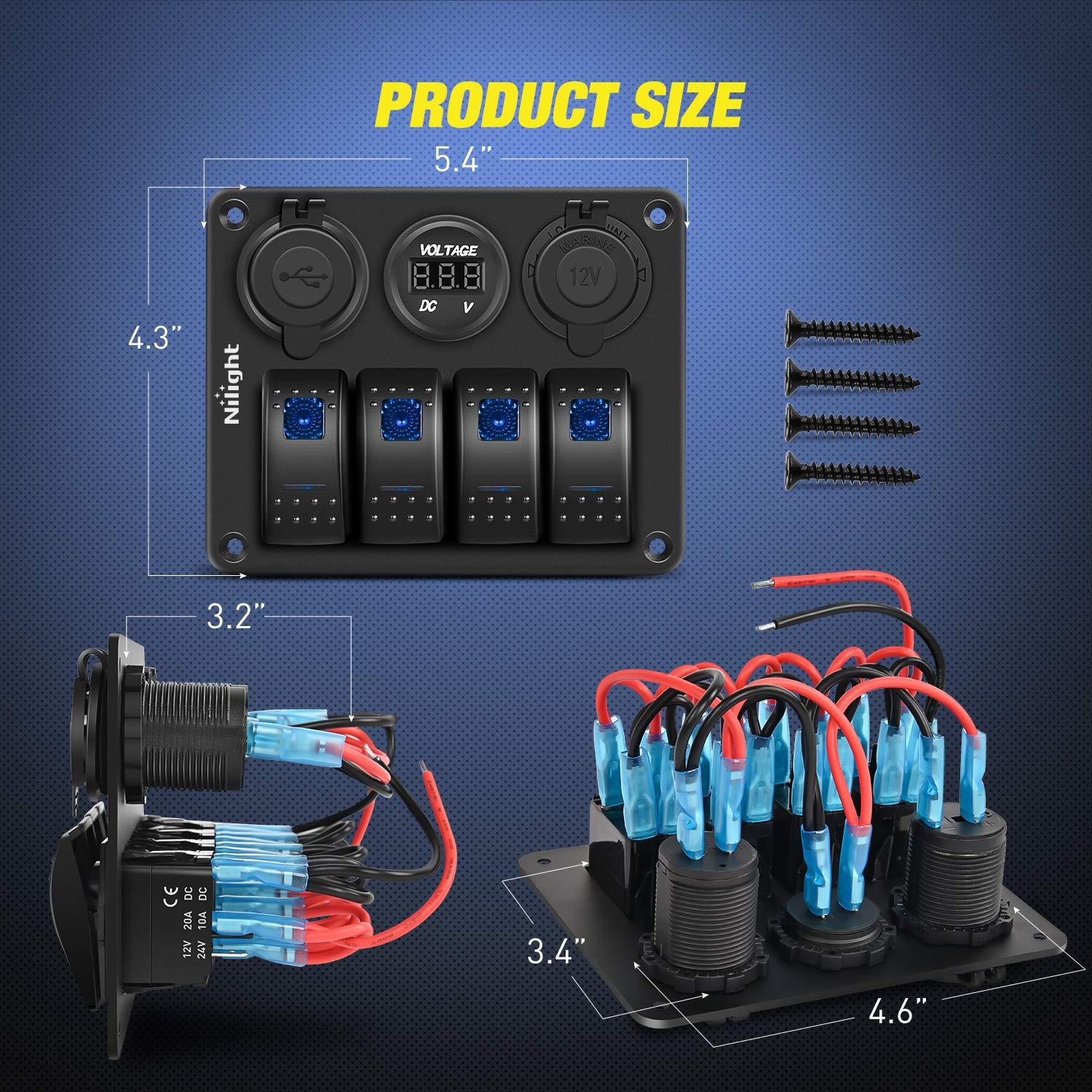 image:imageNilight 8 Gang Rocker Switch Panel Waterproof Aluminum Marine with PD Type C amp USB Charger Cigarette Lighter Socket Voltmeter Inline Fuse 12V 24V ON Off PreWired Switches for Car Truck BoatBlue