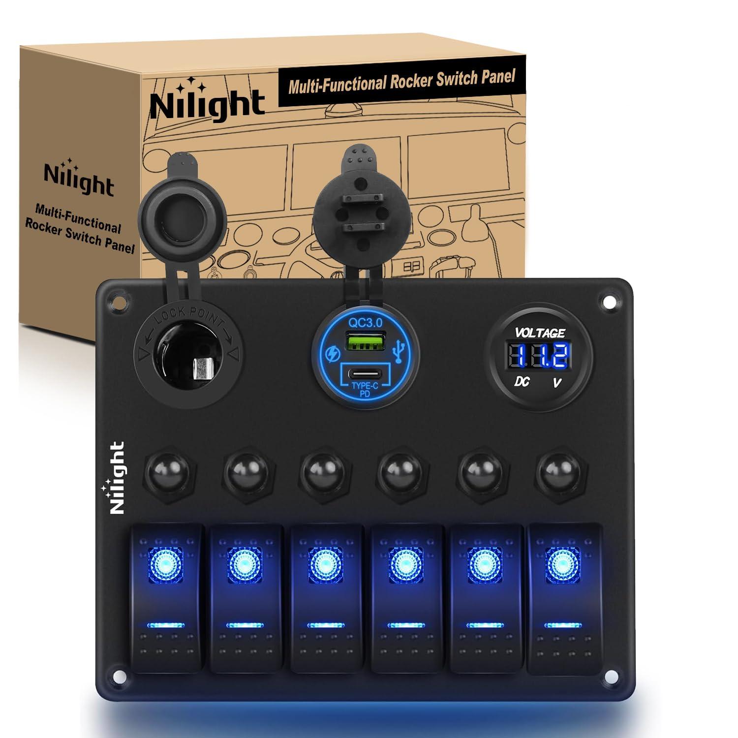 image:imageNilight 8 Gang Rocker Switch Panel Waterproof Aluminum Marine with PD Type C amp USB Charger Cigarette Lighter Socket Voltmeter Inline Fuse 12V 24V ON Off PreWired Switches for Car Truck BoatBlue