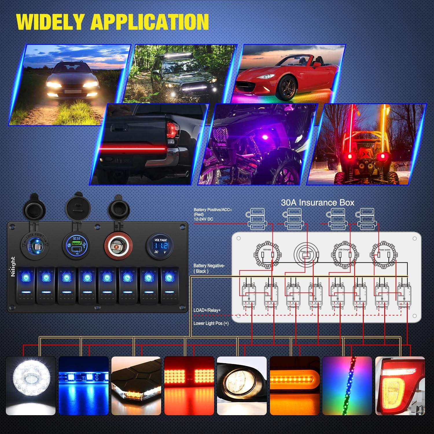 image:imageNilight 8 Gang Rocker Switch Panel Waterproof Aluminum Marine with PD Type C amp USB Charger Cigarette Lighter Socket Voltmeter Inline Fuse 12V 24V ON Off PreWired Switches for Car Truck BoatBlue