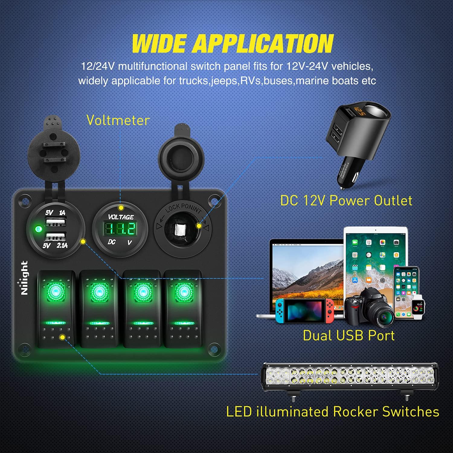image:imageNilight 8 Gang Rocker Switch Panel Waterproof Aluminum Marine with PD Type C amp USB Charger Cigarette Lighter Socket Voltmeter Inline Fuse 12V 24V ON Off PreWired Switches for Car Truck BoatGreen