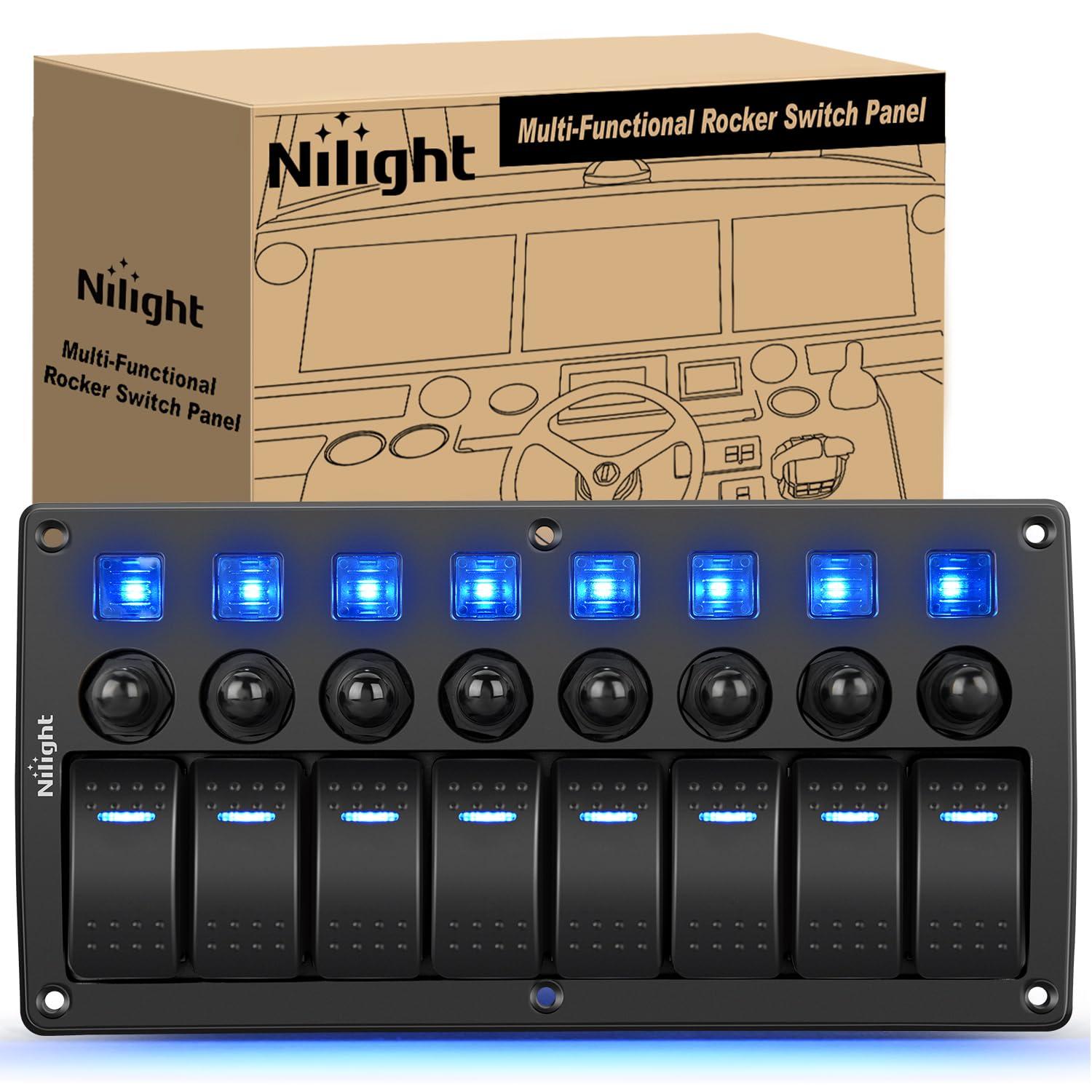image:imageNilight 8 Gang Rocker Switch Panel Waterproof Aluminum Marine with PD Type C amp USB Charger Cigarette Lighter Socket Voltmeter Inline Fuse 12V 24V ON Off PreWired Switches for Car Truck BoatBlue