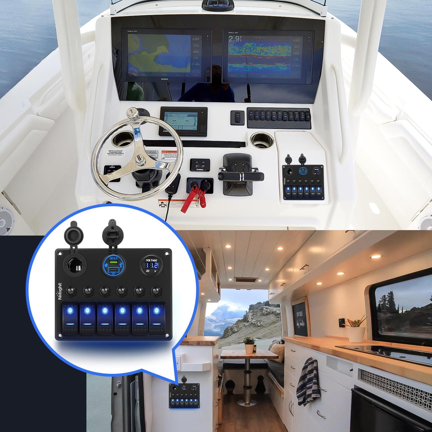 image:imageNilight 8 Gang Rocker Switch Panel Waterproof Aluminum Marine with PD Type C amp USB Charger Cigarette Lighter Socket Voltmeter Inline Fuse 12V 24V ON Off PreWired Switches for Car Truck BoatBlue