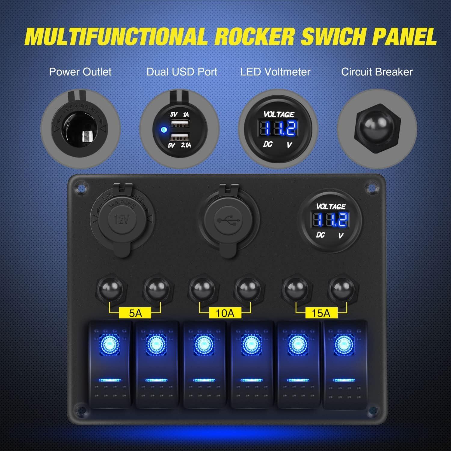 image:imageNilight 8 Gang Rocker Switch Panel Waterproof Aluminum Marine with PD Type C amp USB Charger Cigarette Lighter Socket Voltmeter Inline Fuse 12V 24V ON Off PreWired Switches for Car Truck BoatBlue