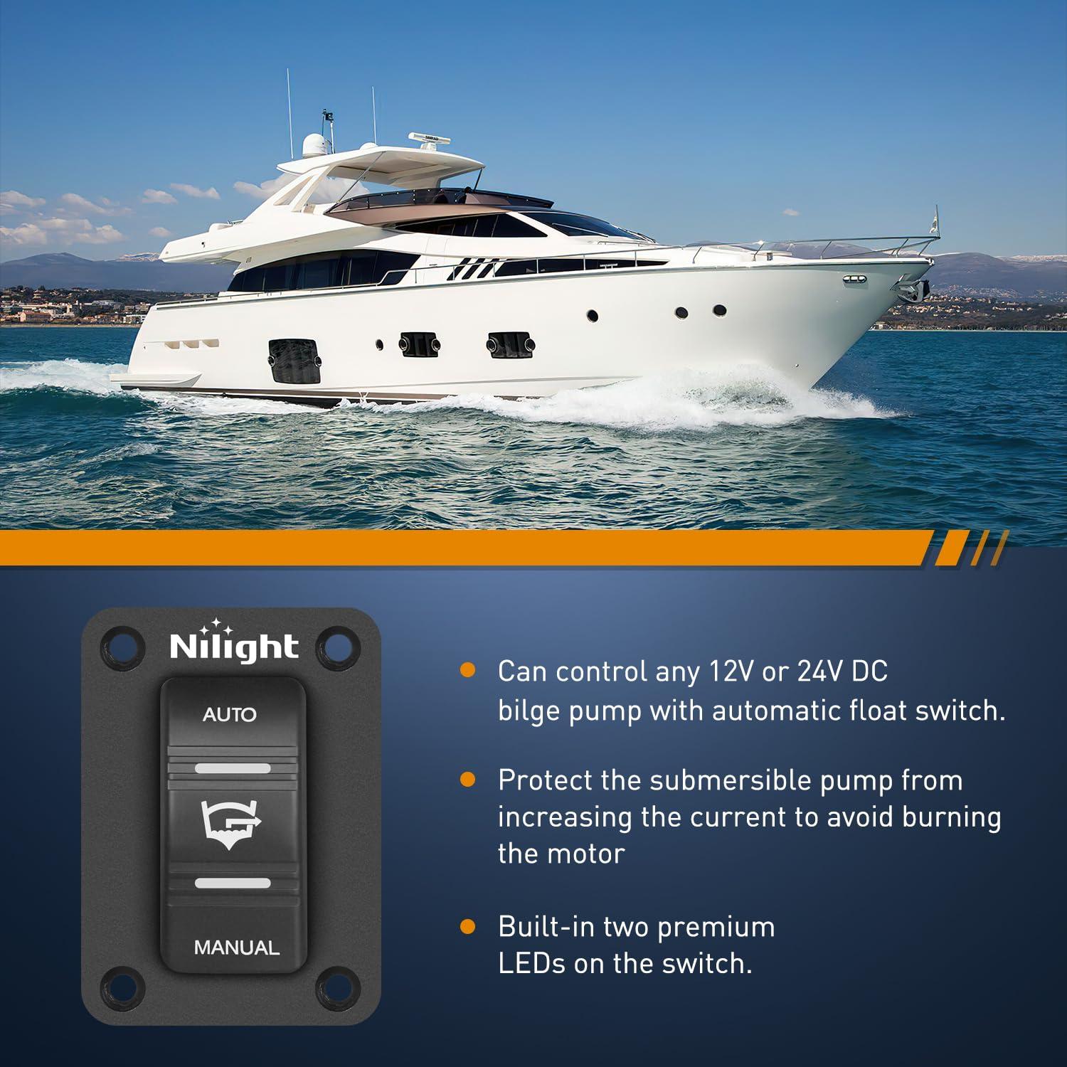 image:imageNilight Auto Manual Rocker Switch Bilge Pump Panel with LED 4 Pin On Off ON SPDT Switches 20A12V 10A24V for Marine Boat Yacht Caravan Fishing Vessel RV CamperAuto Manual Rocker Switch