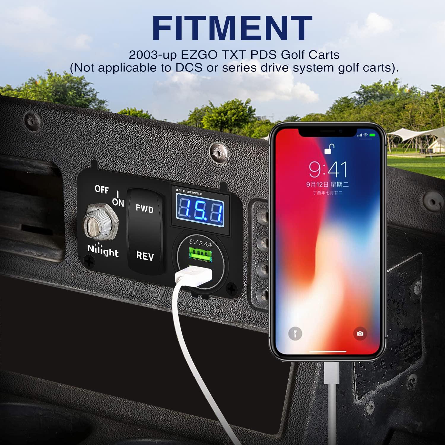 image:imageNilight Golf Cart Key Switch Console Panel 9V48V DC with Forward Reverse Rocker Switch 48A Dual USB Quick Charger LED Digital Voltmeter for EZGO TXT PDS Golf Cart 2 Years Warranty