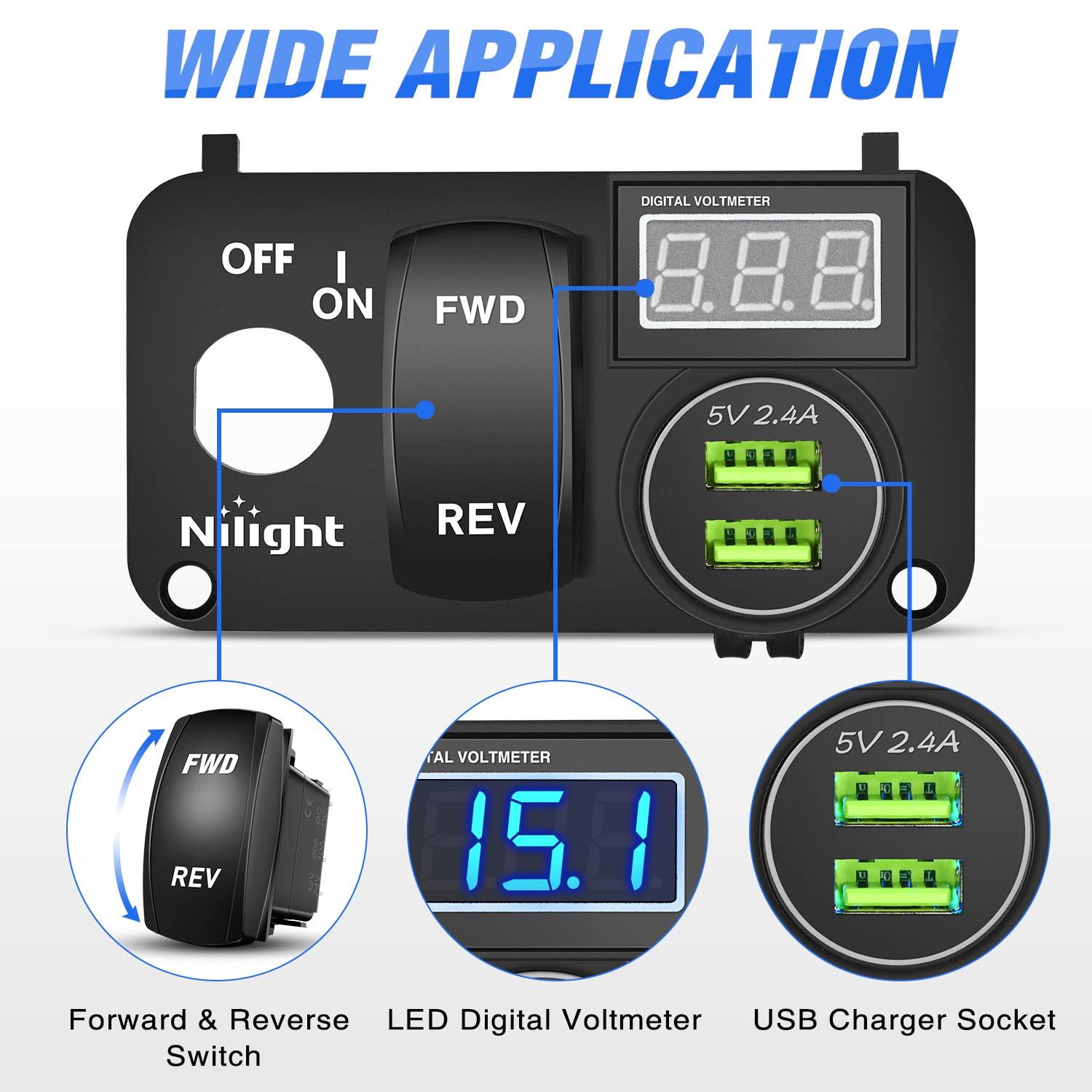 image:imageNilight Golf Cart Key Switch Console Panel 9V48V DC with Forward Reverse Rocker Switch 48A Dual USB Quick Charger LED Digital Voltmeter for EZGO TXT PDS Golf Cart 2 Years Warranty