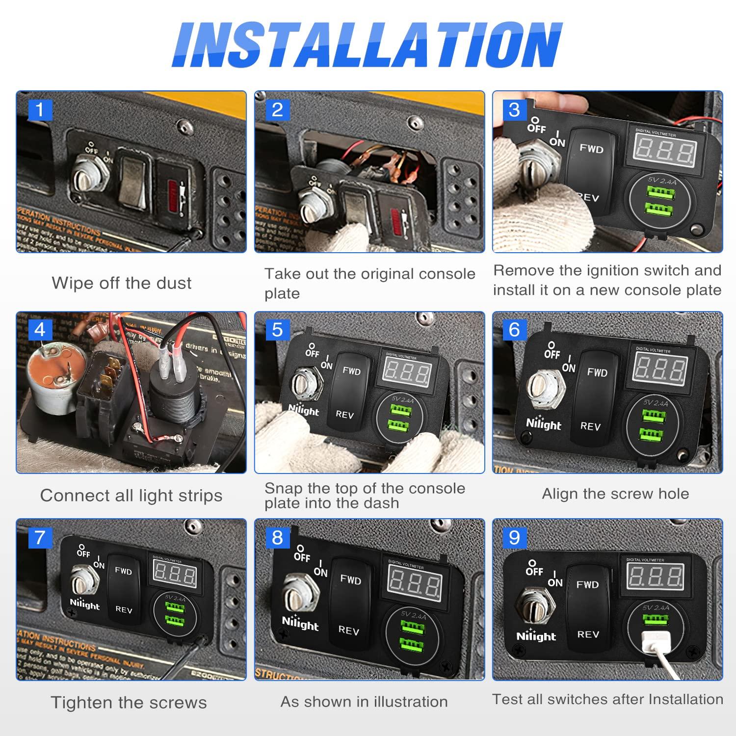 image:imageNilight Golf Cart Key Switch Console Panel 9V48V DC with Forward Reverse Rocker Switch 48A Dual USB Quick Charger LED Digital Voltmeter for EZGO TXT PDS Golf Cart 2 Years Warranty