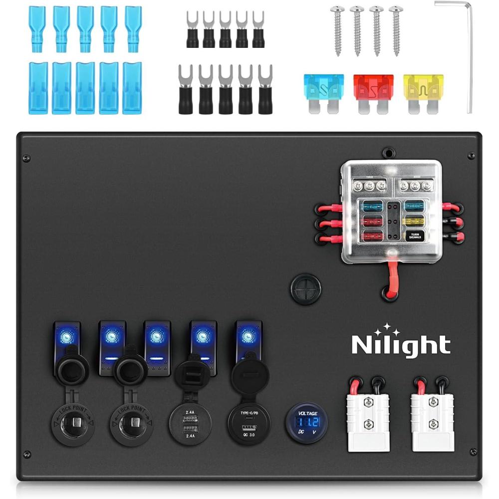 image:imageNilight 12V24V Camping Electrical System Centre Battery Power Control Box Fuse Block Switches Cigar Socket Voltmeter USB Charger Anderson Connector Ideal for RV Car Canopy Caravan Camper Trailer Van12V24V Camping Electrical System Box