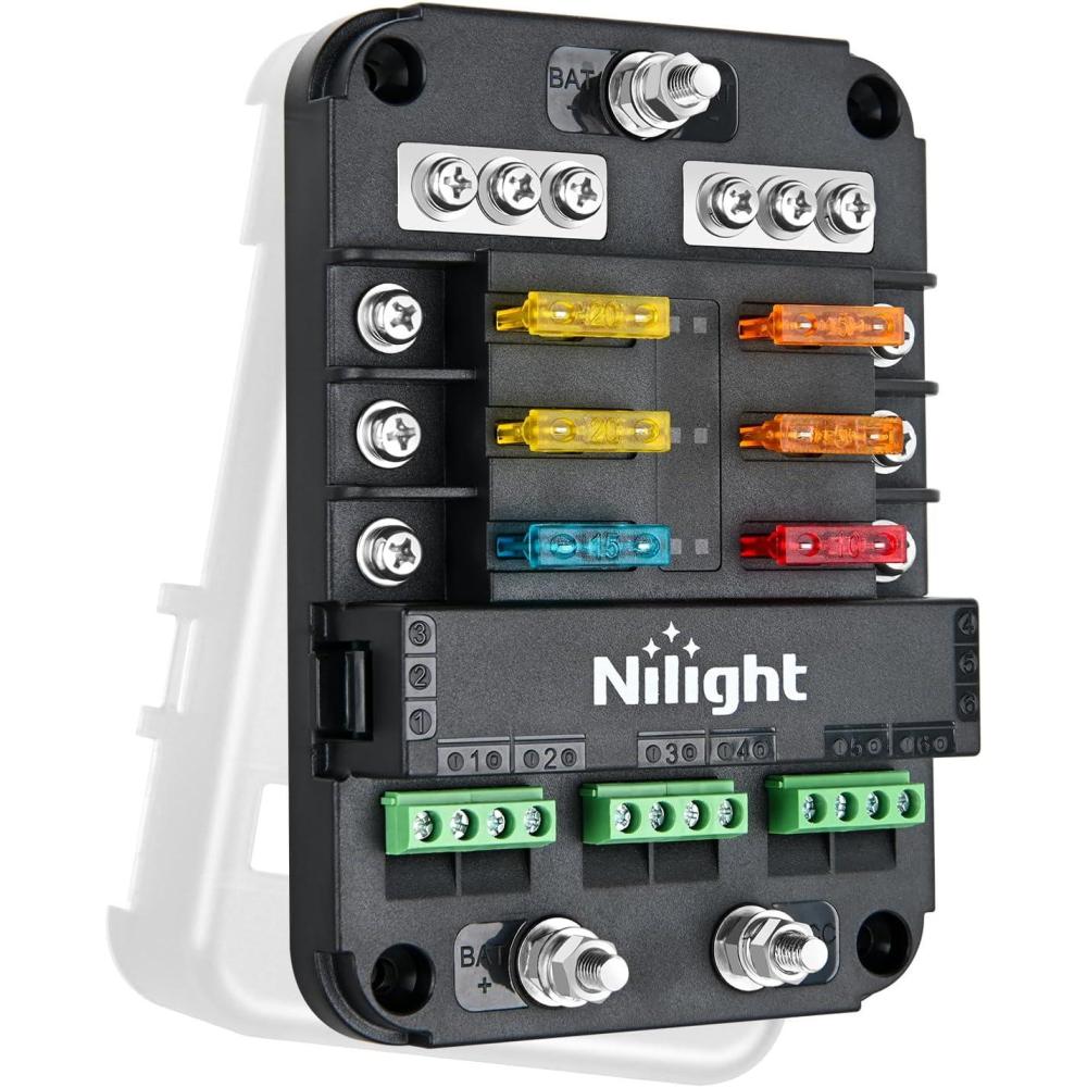image:imageNilight 12V24V Camping Electrical System Centre Battery Power Control Box Fuse Block Switches Cigar Socket Voltmeter USB Charger Anderson Connector Ideal for RV Car Canopy Caravan Camper Trailer Van6Way Fuse Block wRelay