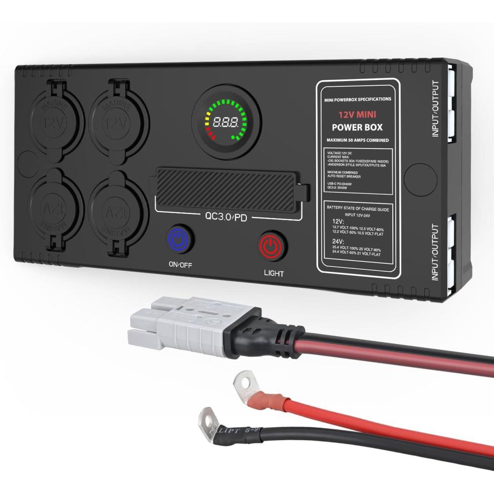 image:imageNilight 12V24V Camping Electrical System Centre Battery Power Control Box Fuse Block Switches Cigar Socket Voltmeter USB Charger Anderson Connector Ideal for RV Car Canopy Caravan Camper Trailer Van12V 24V Mini Power Box