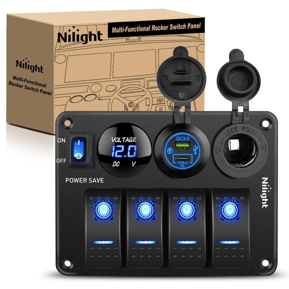 image:imageNilight 8 Gang Rocker Switch Panel Waterproof Aluminum Marine with PD Type C amp USB Charger Cigarette Lighter Socket Voltmeter Inline Fuse 12V 24V ON Off PreWired Switches for Car Truck BoatPower Control Blue