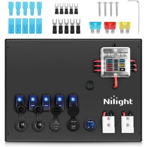 Nilight 12V/24V Camping Electrical System Centre Battery Power Control Box Fuse Block Switches Cigar Socket Voltmeter USB Charger Anderson Connector Ideal for RV Car Canopy Caravan Camper Trailer Van(12V/24V Camping Electrical System Box)