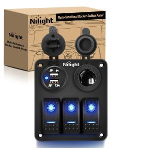 Nilight 8 Gang Rocker Switch Panel Waterproof Aluminum Marine with PD Type C & USB Charger Cigarette Lighter Socket Voltmeter Inline Fuse 12V 24V ON Off Pre-Wired Switches for Car Truck Boat(Blue)