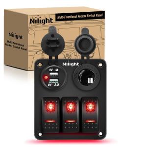 Nilight 8 Gang Rocker Switch Panel Waterproof Aluminum Marine with PD Type C & USB Charger Cigarette Lighter Socket Voltmeter Inline Fuse 12V 24V ON Off Pre-Wired Switches for Car Truck Boat(Red)