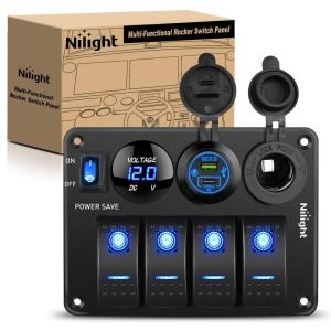 Nilight 8 Gang Rocker Switch Panel Waterproof Aluminum Marine with PD Type C & USB Charger Cigarette Lighter Socket Voltmeter Inline Fuse 12V 24V ON Off Pre-Wired Switches for Car Truck Boat(Power Control Blue)