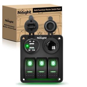 Nilight 8 Gang Rocker Switch Panel Waterproof Aluminum Marine with PD Type C & USB Charger Cigarette Lighter Socket Voltmeter Inline Fuse 12V 24V ON Off Pre-Wired Switches for Car Truck Boat(Green)