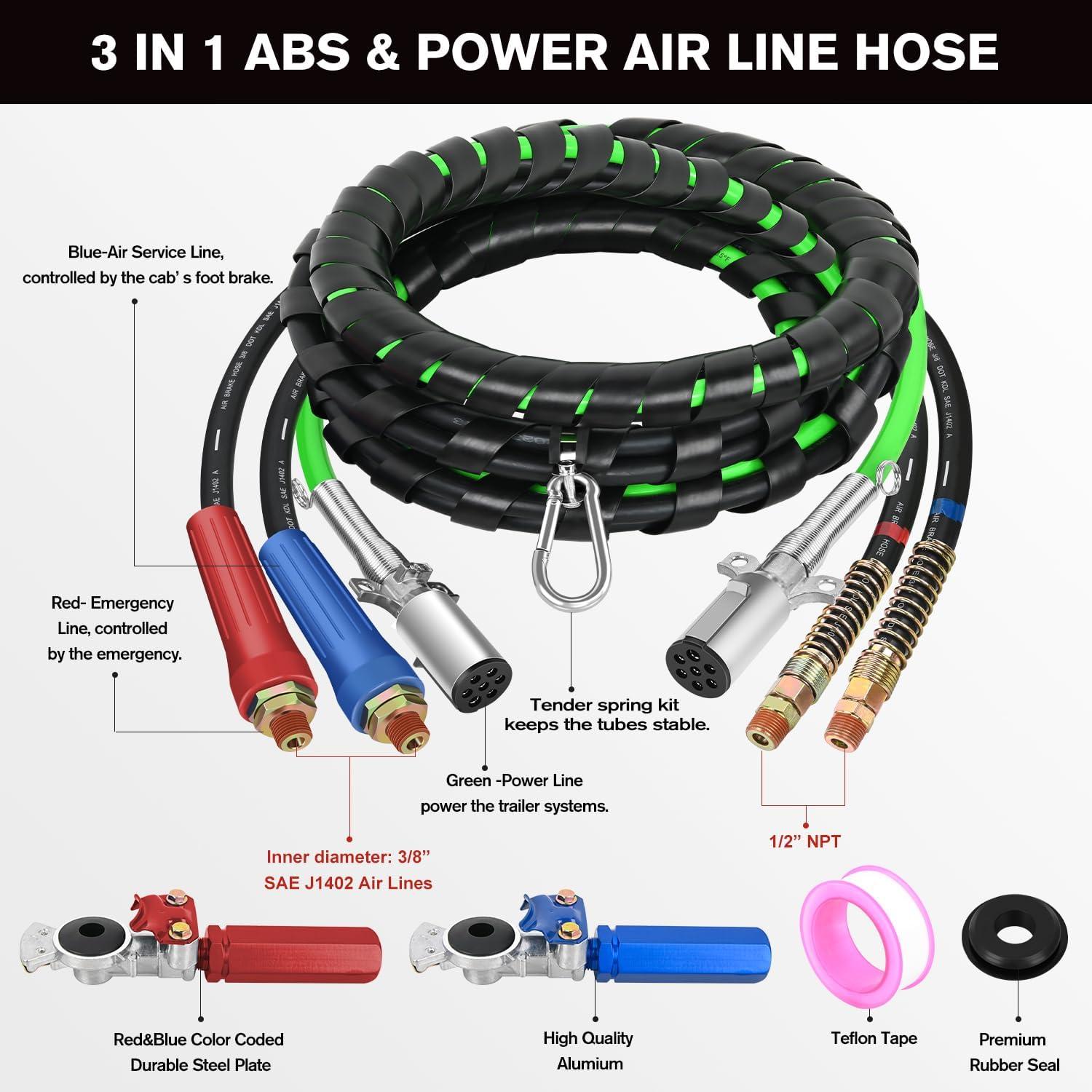 image:imageNilight 12 FT Air Line Hose Assembly Rubber with 12 NPT Swivel Fitting Straight Heavy Duty Power Hoses Set Spring Guard Grips DOT Fittings for Semi Truck Trailer Tractor12FT Air Lines with Glad Hands Grips